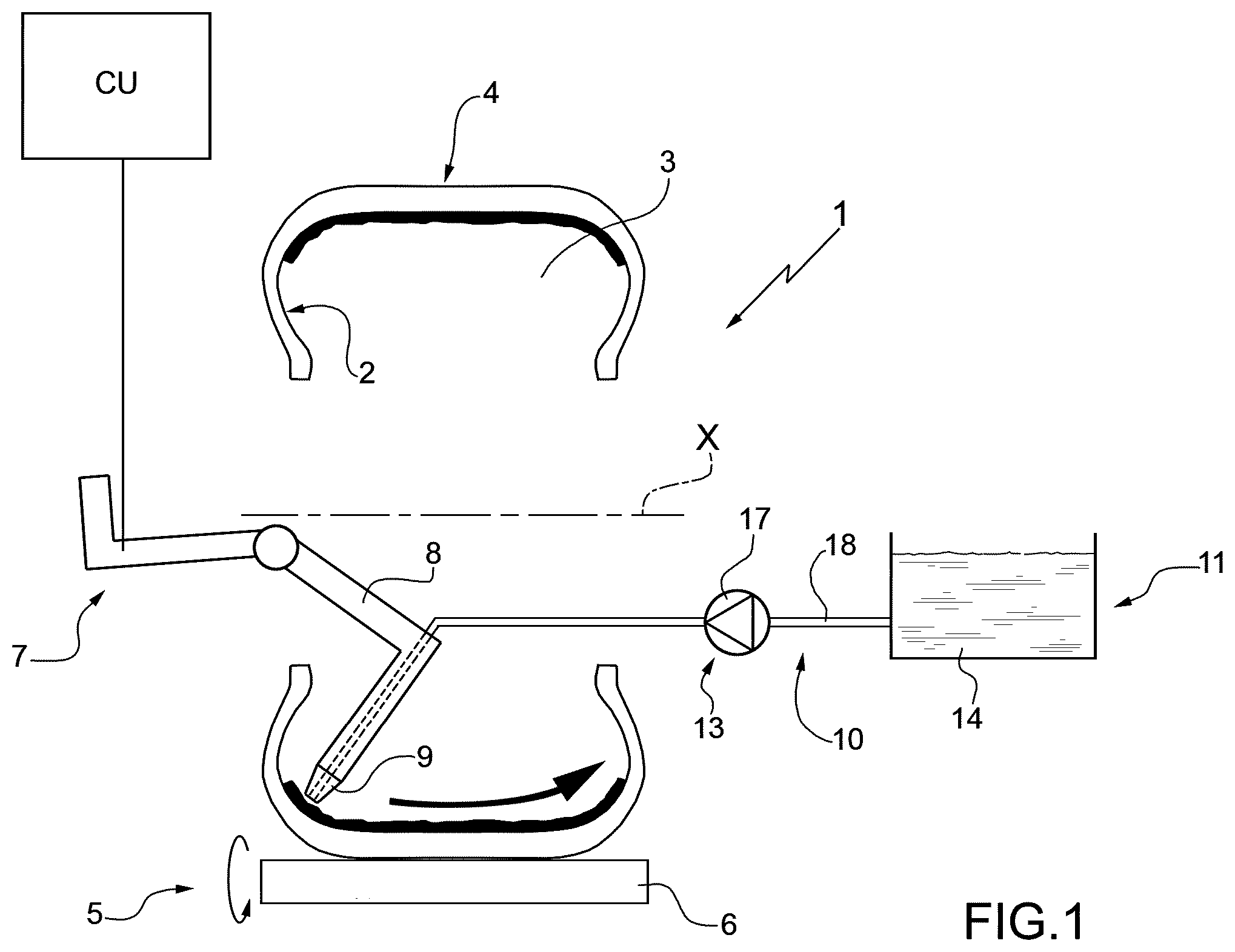 Patent US12552119 — Method and system for applying a sealing agent to the surface of an internal cavity of a pneumatic tire — Figure 1