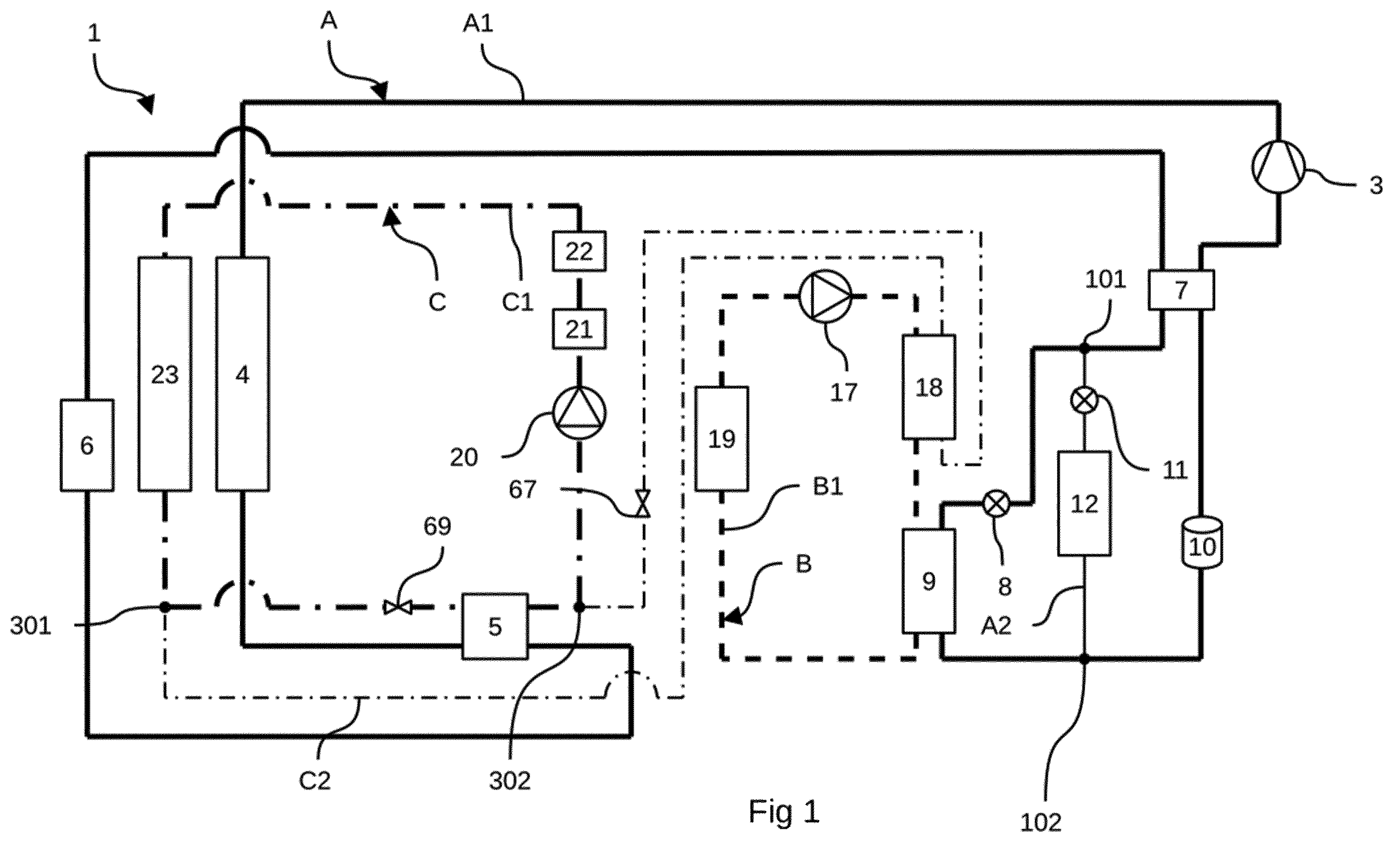 Patent US12552222 Figure 1 – Thermal management device for batteries for an electric or hybrid vehicle