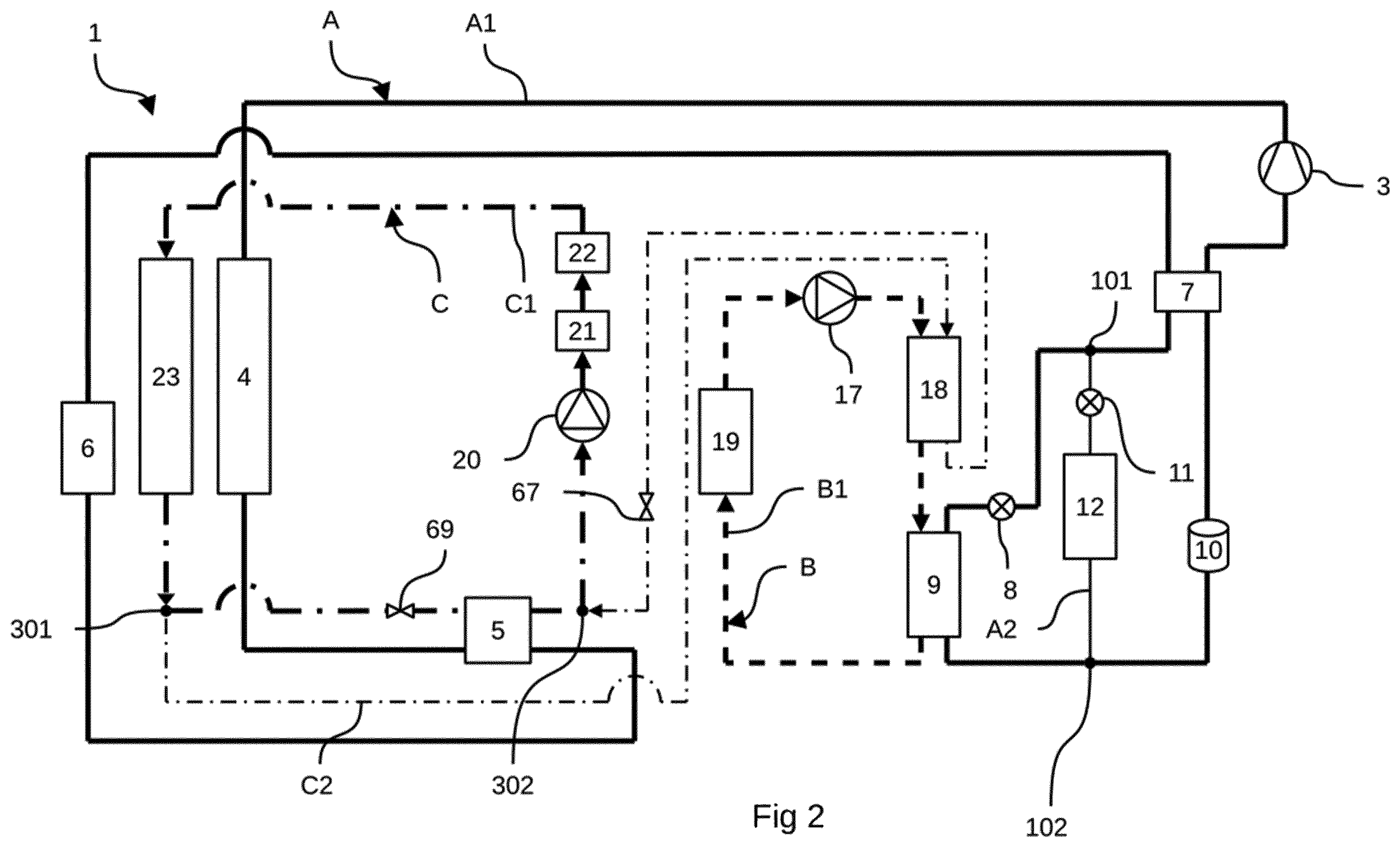Patent US12552222 Figure 2 – Thermal management device for batteries for an electric or hybrid vehicle