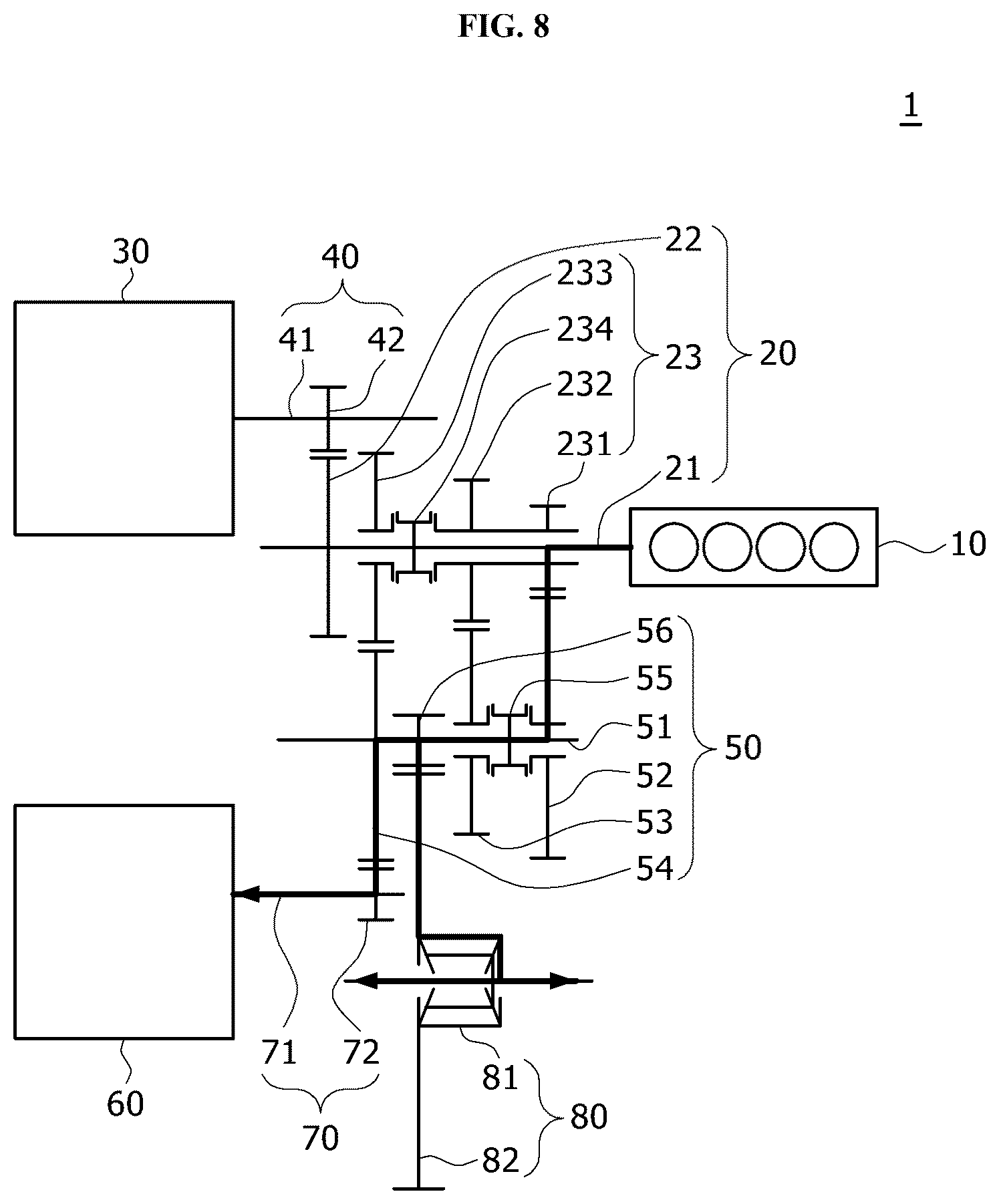 Patent US12552239 Figure 8 – Power transmission device for hybrid vehicle
