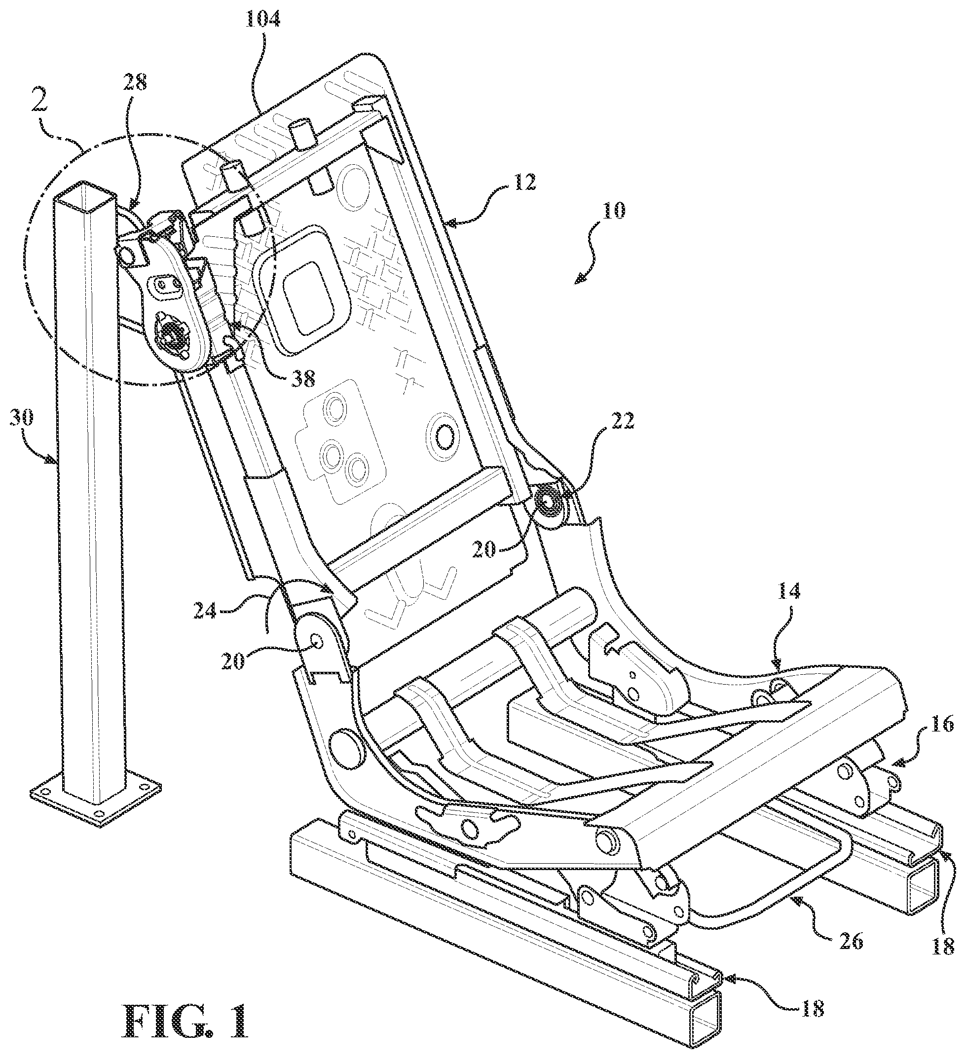 Patent US12552296 — High latch for a seat back with slouch locking feature — Figure 1