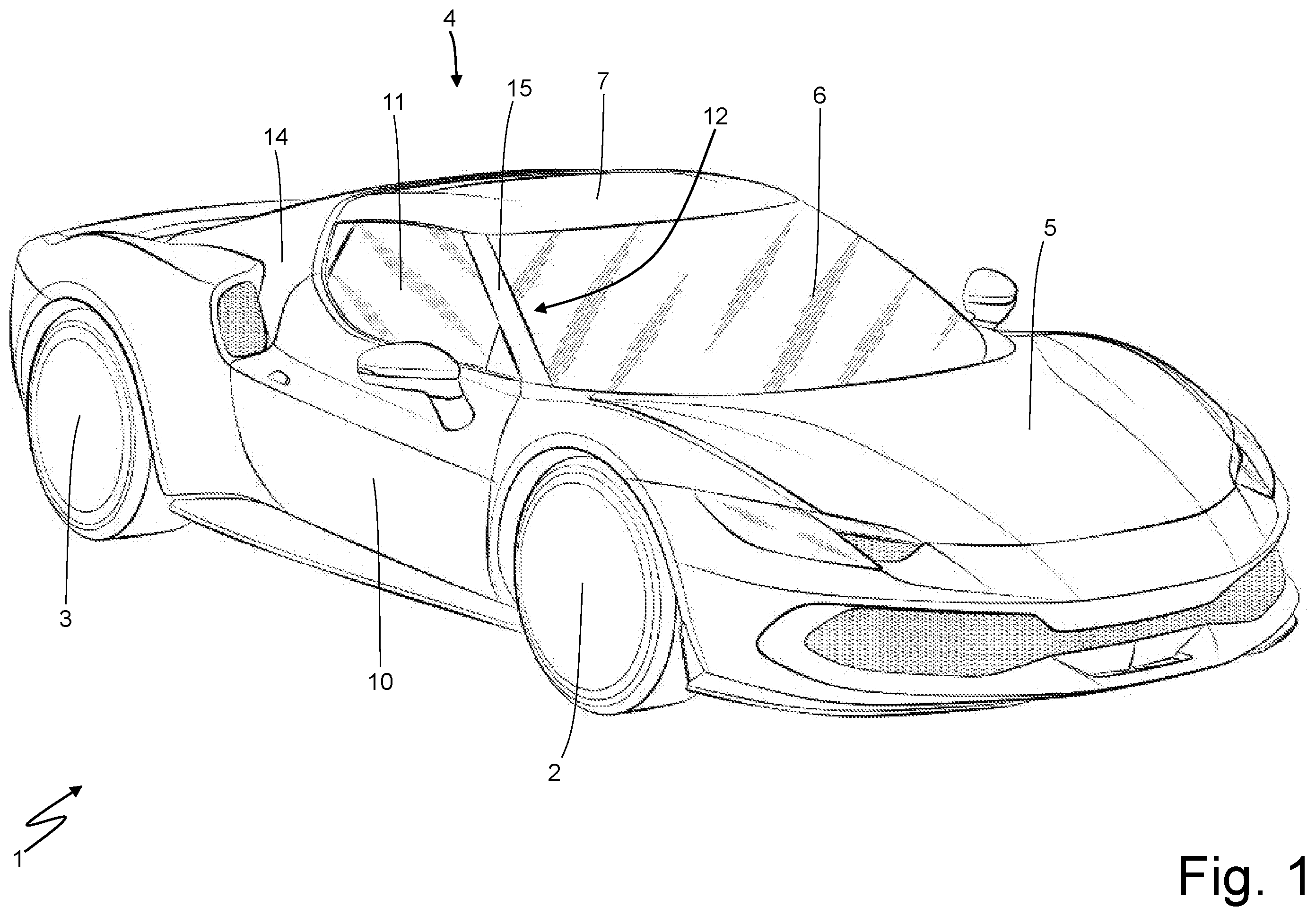 Patent US12552328 Figure 1 – Car provided with front pillar covering elements