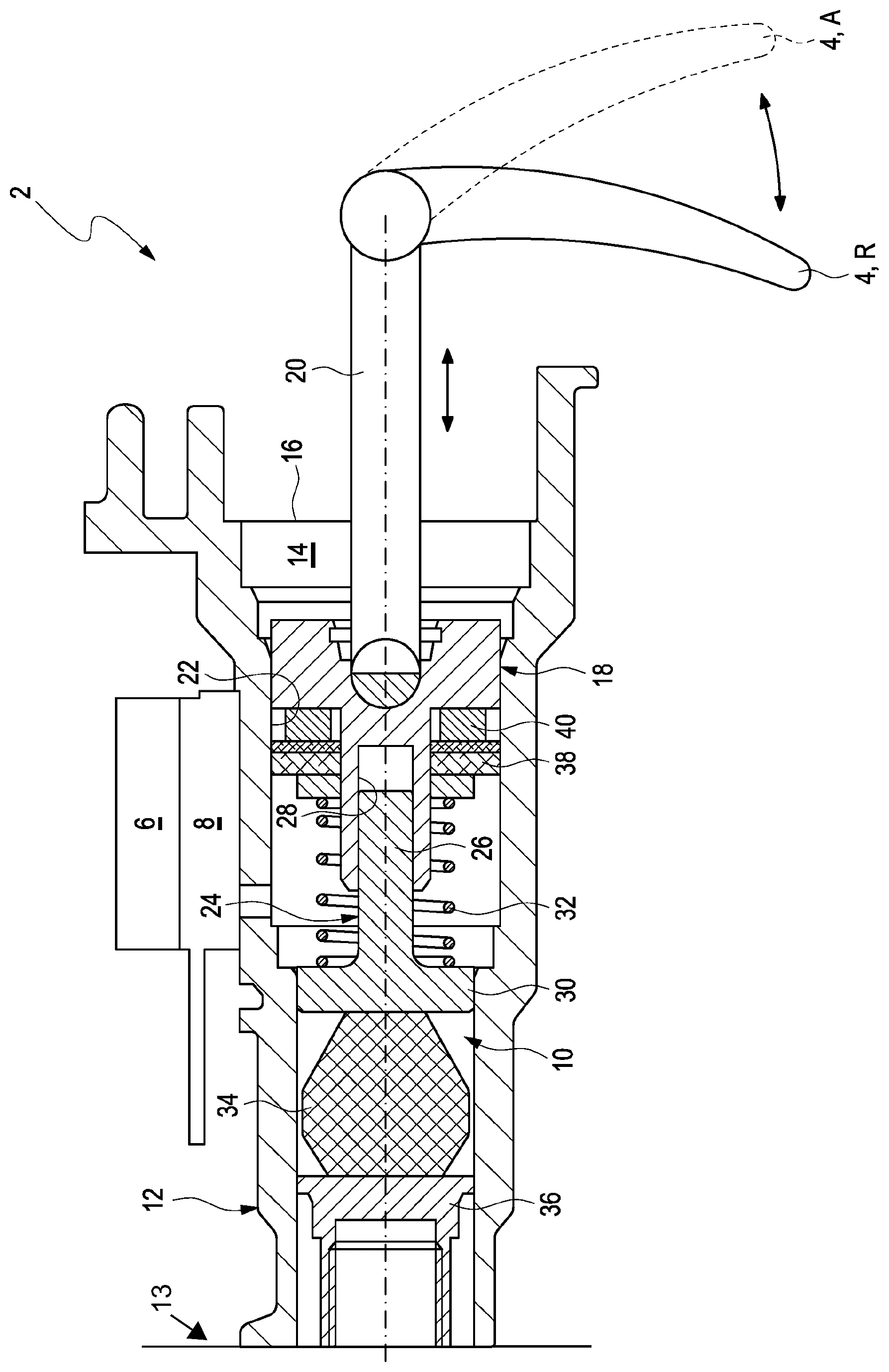 Patent US12552348 — Actuating device for a brake-by-wire brake system of a motor vehicle, in particular of a tilting vehicle — Figure 1