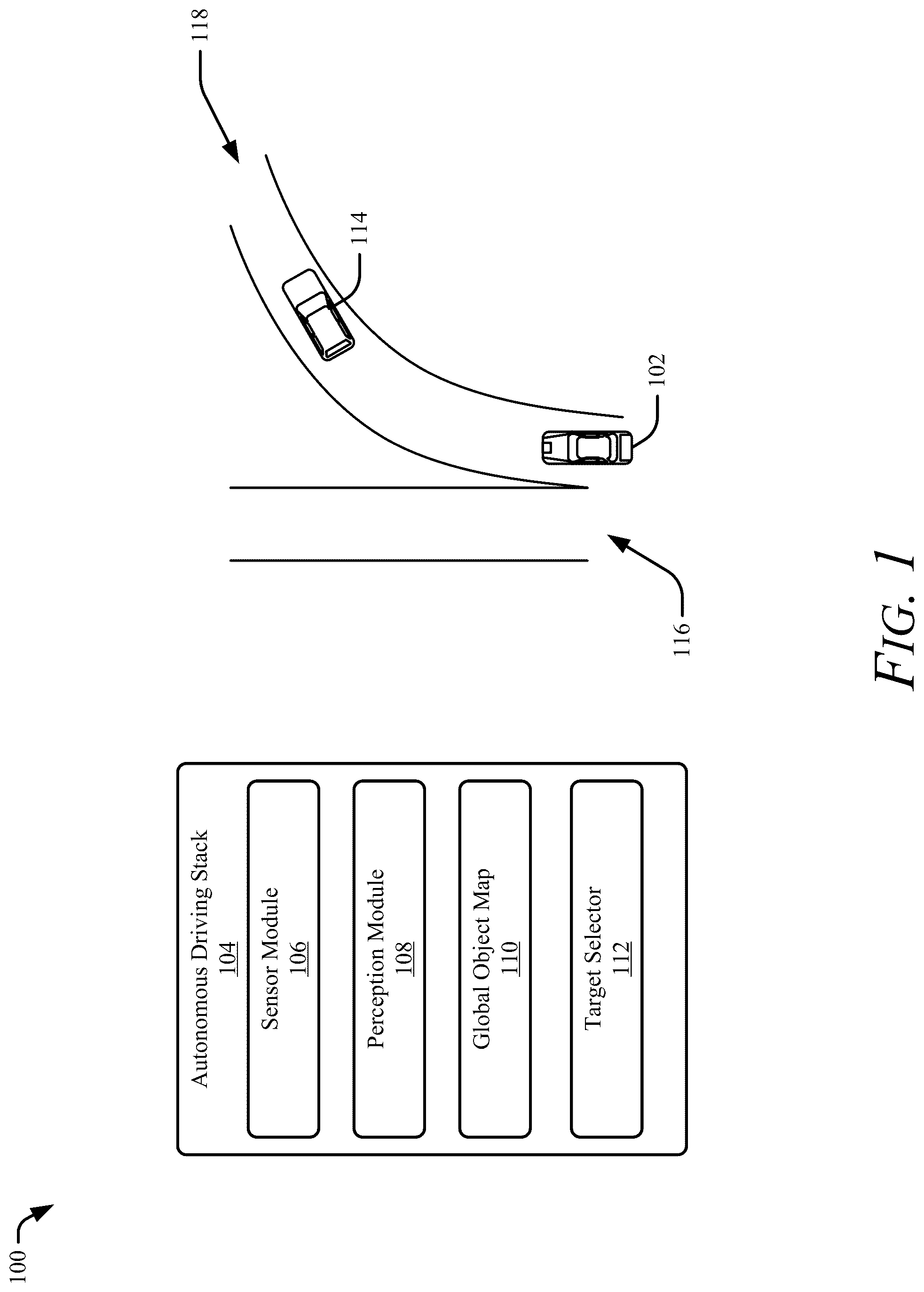 Patent US12552381 Figure 1 – Target of interest selection on roadway ramps for avoidance driving maneuvers