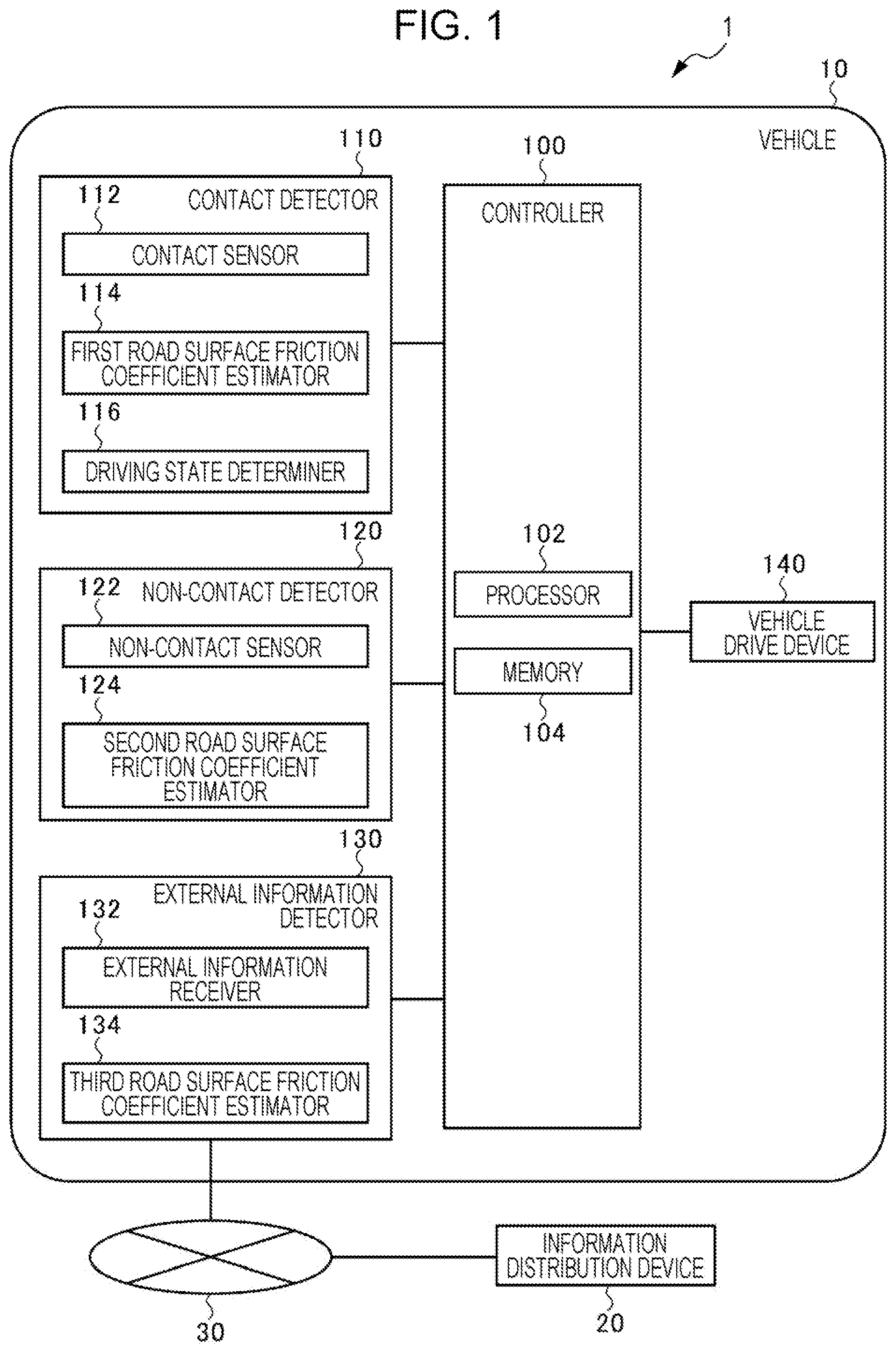 Patent US12552390 — Vehicle that detects road surface information using contact detectors and contactless detectors — Figure 1
