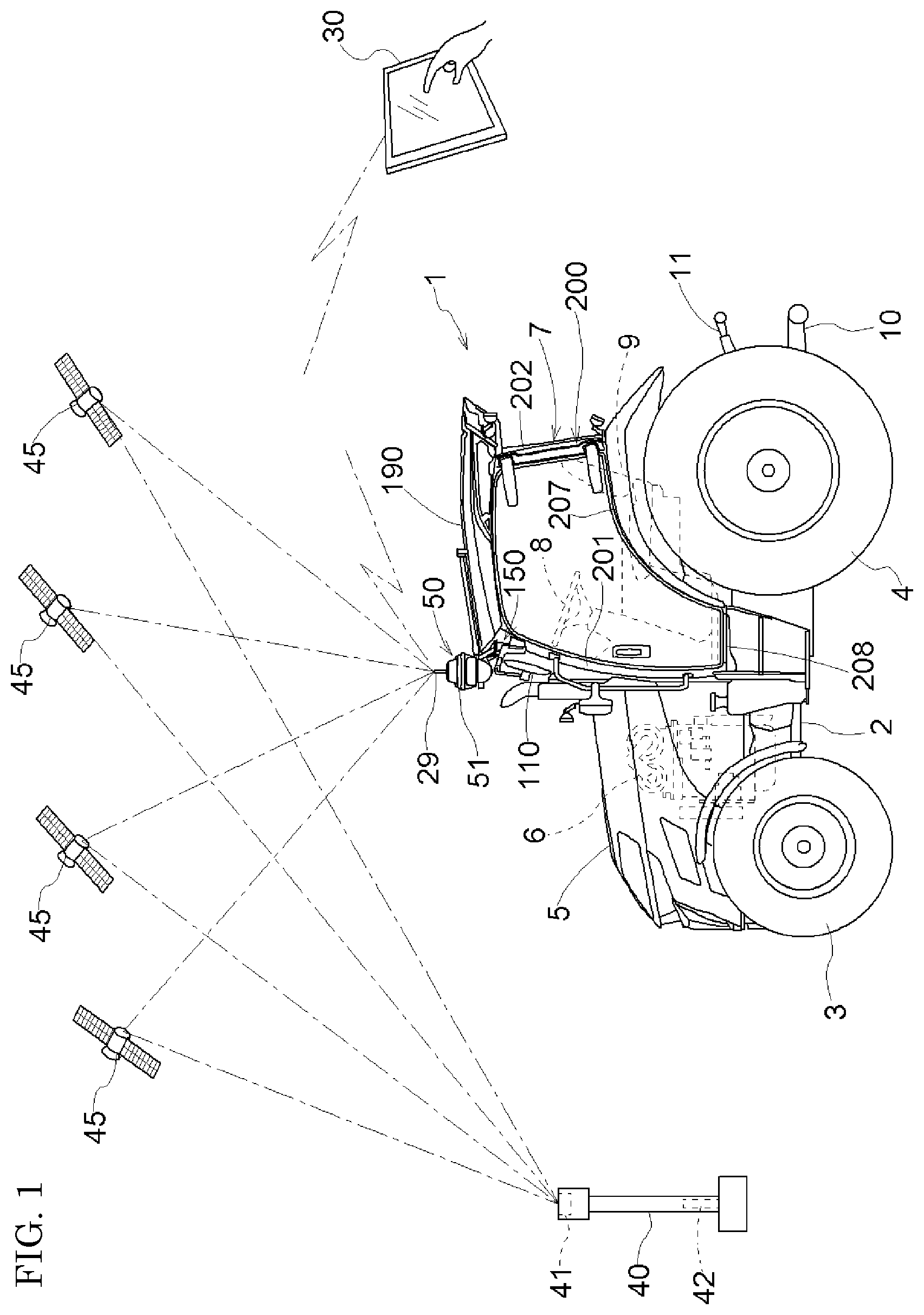 Patent US12552405 — Work vehicle with antenna devices for autonomous travel — Figure 1