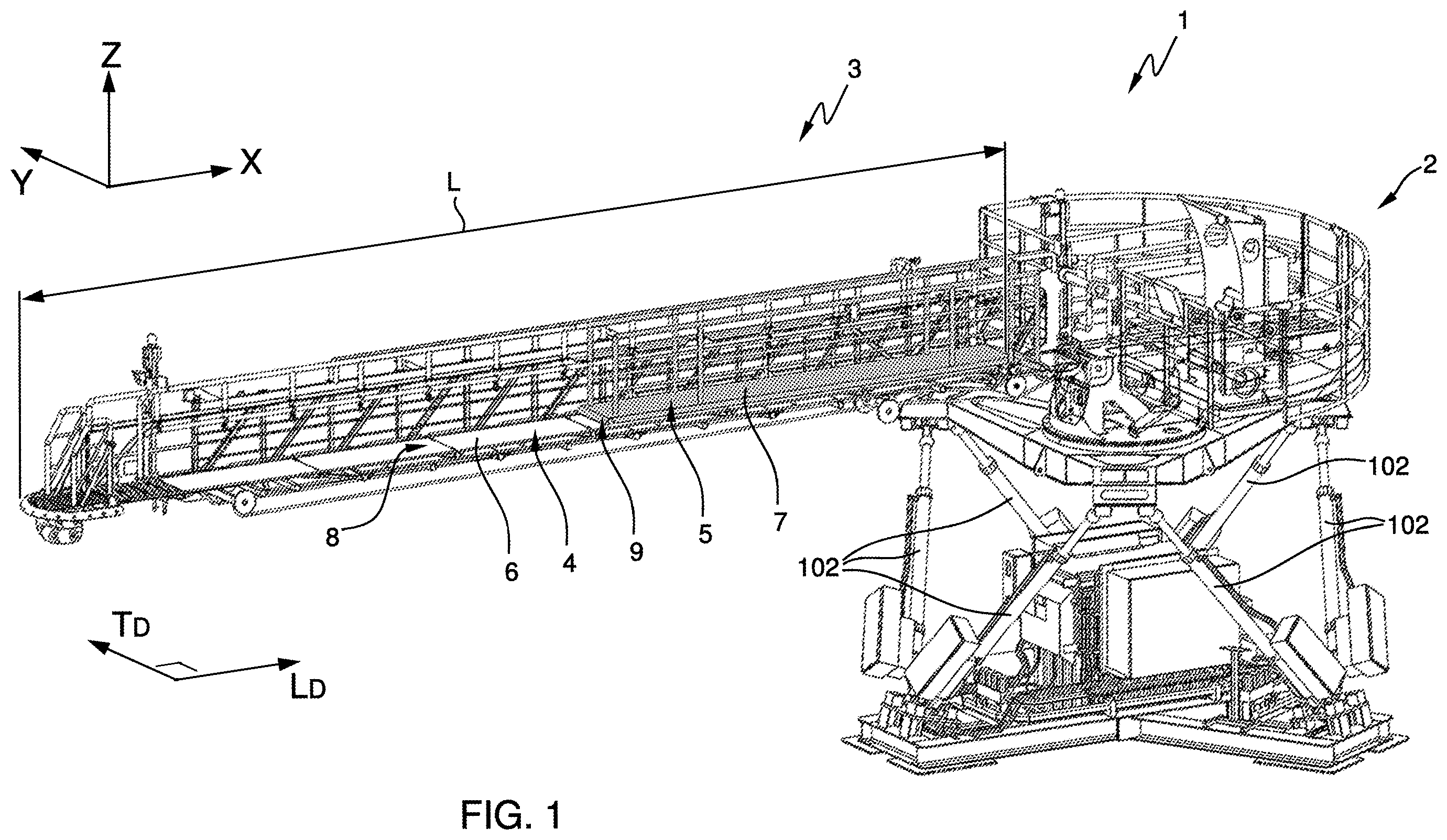 Patent US12552498 Figure 1 – Telescopic gangway, a motion compensated gangway, a vessel, an offshore structure, and a method