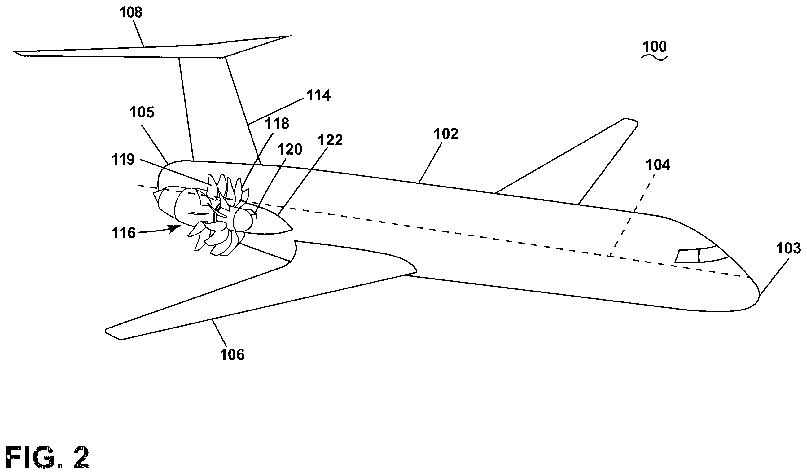 Patent US12552514 Figure 2 – Aircraft with a fuselage accommodating an unducted turbine engine