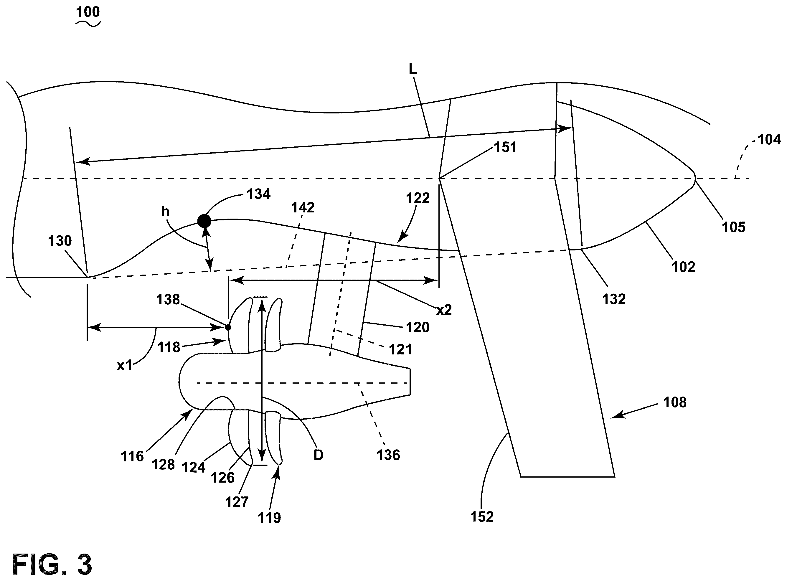 Patent US12552514 Figure 3 – Aircraft with a fuselage accommodating an unducted turbine engine