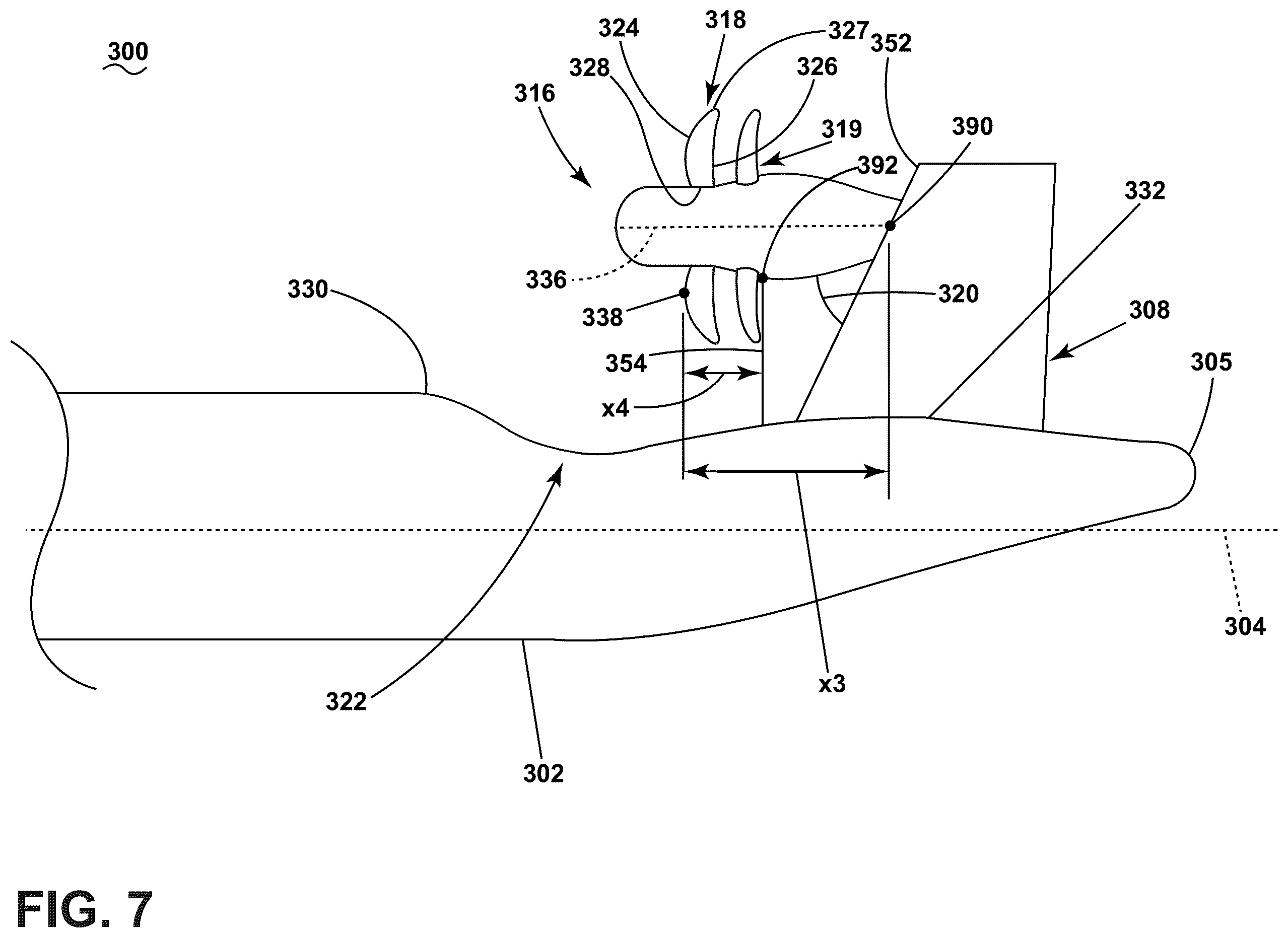 Patent US12552514 Figure 7 – Aircraft with a fuselage accommodating an unducted turbine engine