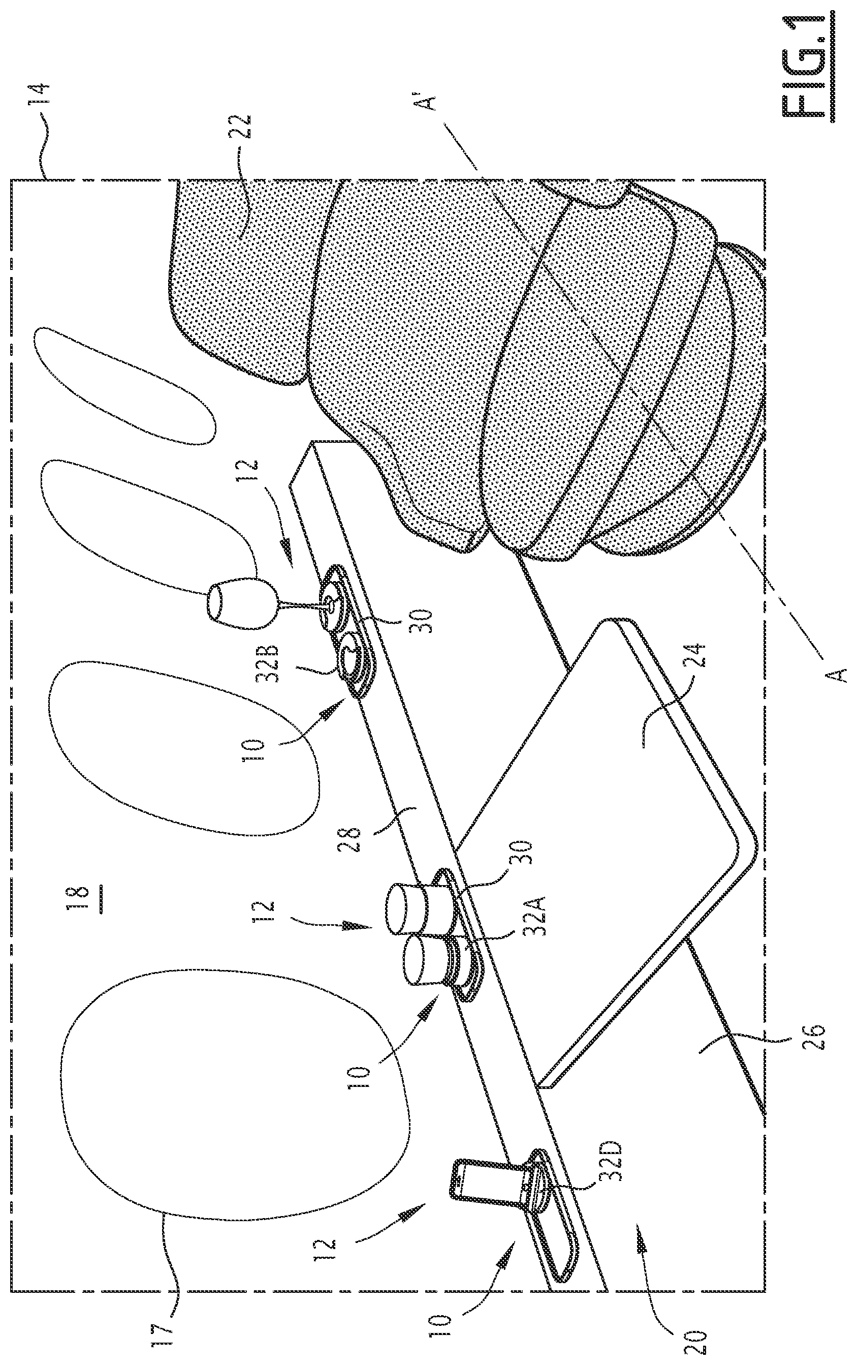 Patent US12552536 — Device for holding objects in an aircraft cabin and associated method for holding — Figure 1