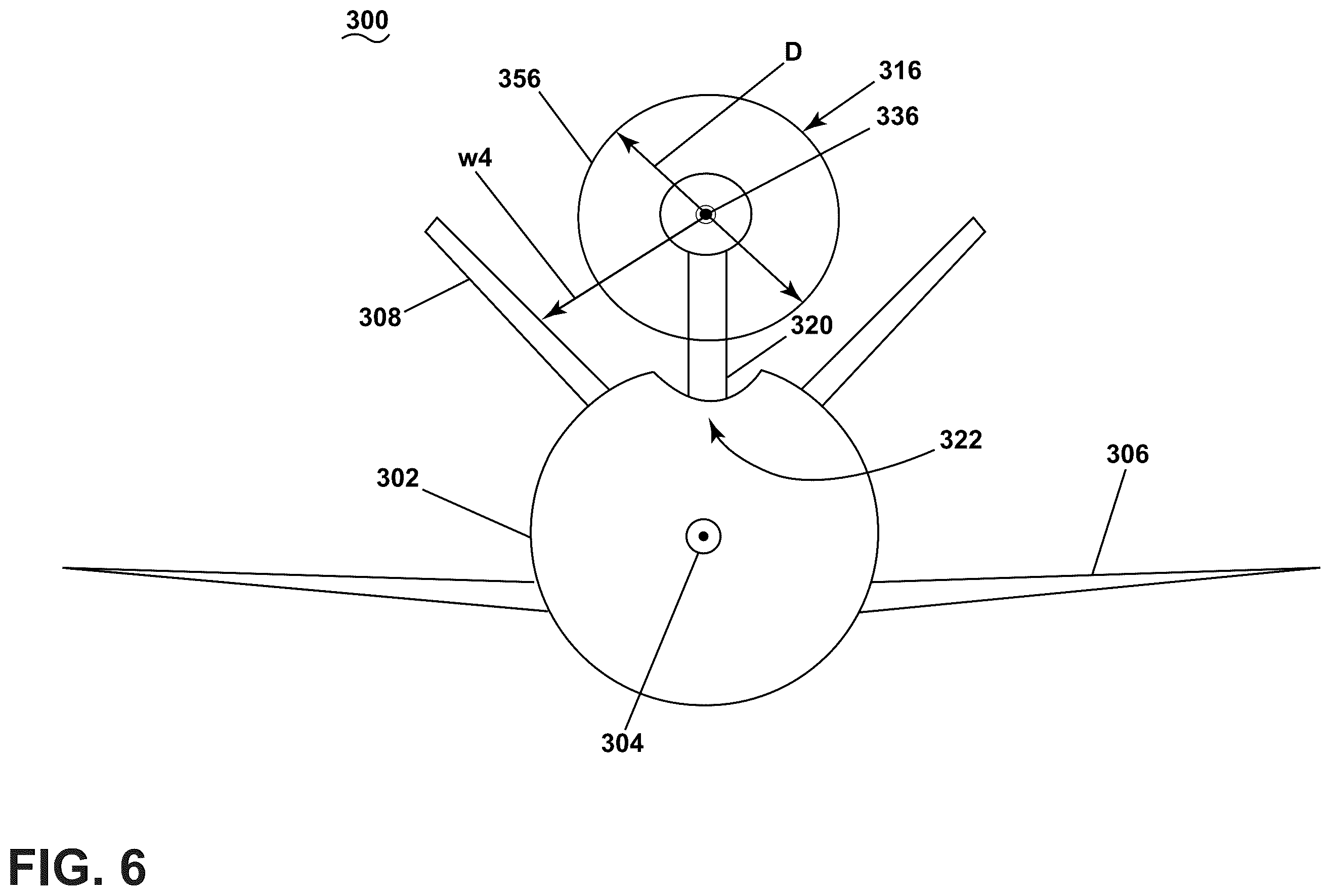 Patent US12552542 Figure 6 – Aircraft with a fuselage accommodating an unducted turbine engine