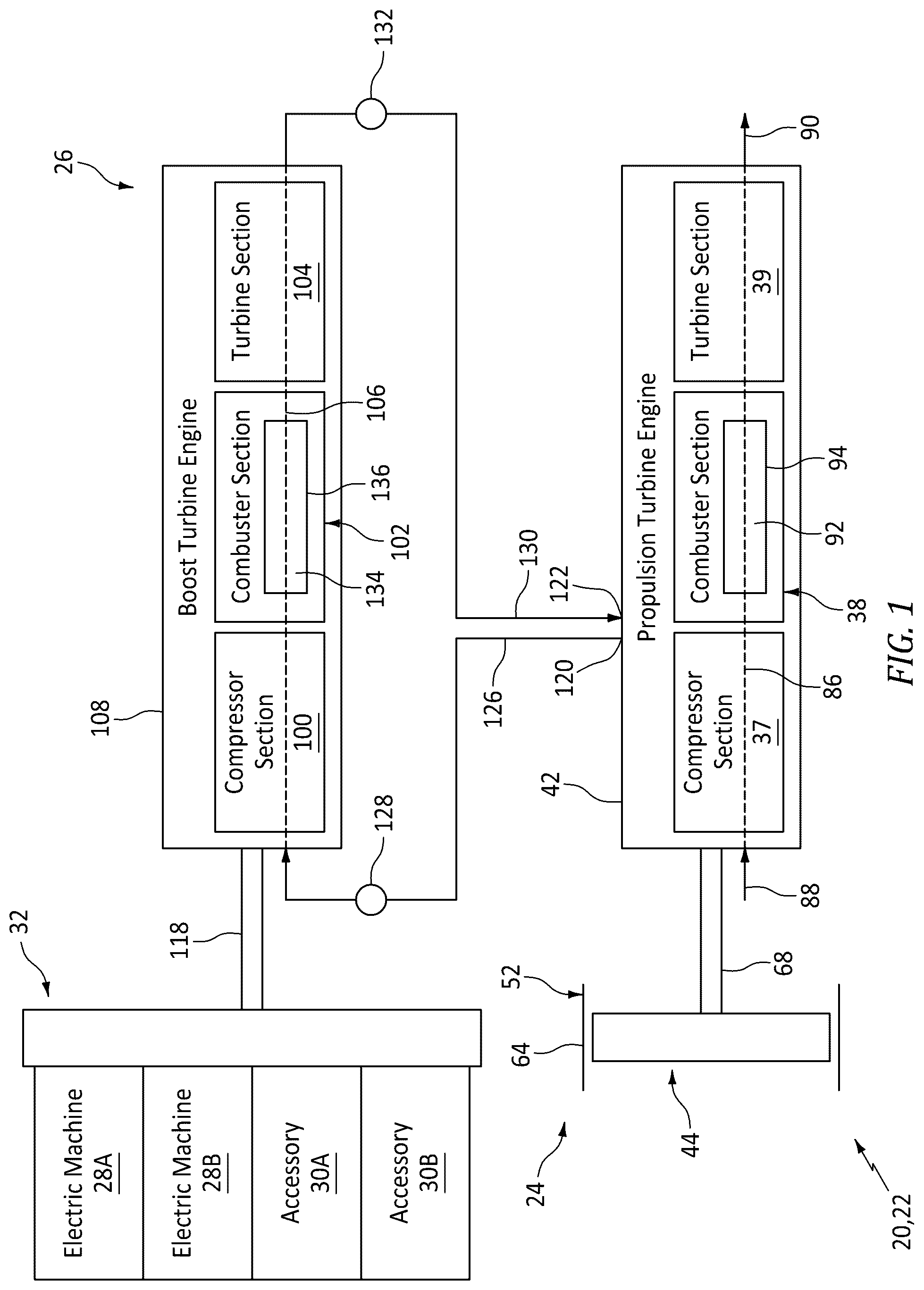 Patent US12552545 — Drivetrain for aircraft powerplant with boosted turbine engine — Figure 1