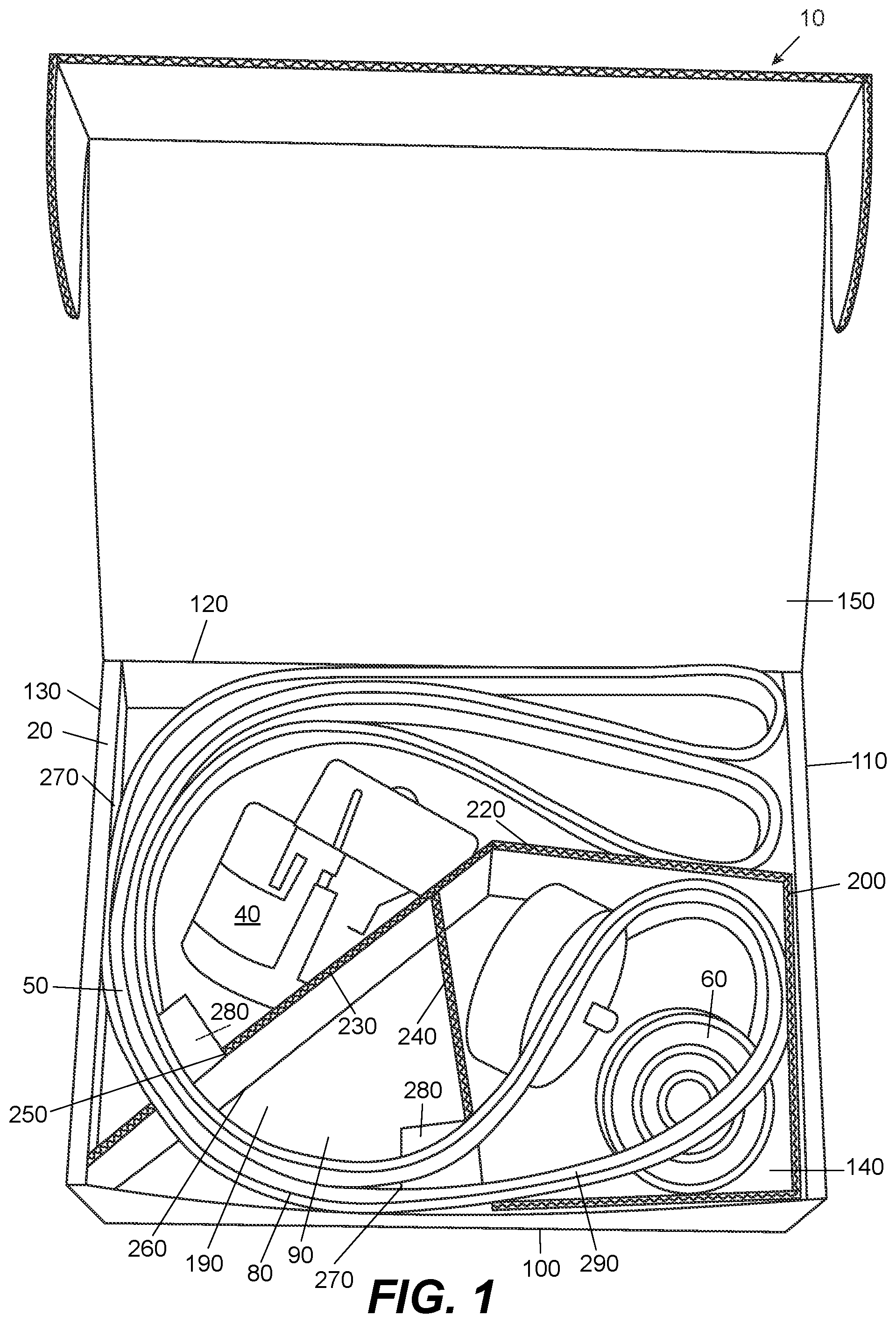 Patent US12552578 Figure 1 – Packaging container for automotive tensioner kit