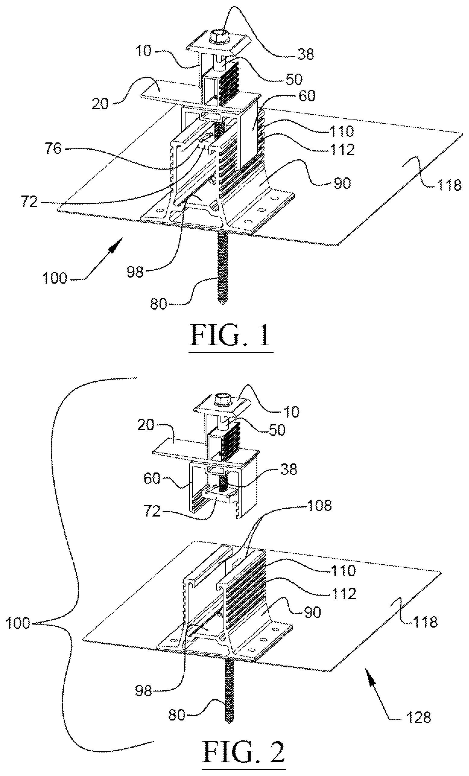 Patent US12556128 Figure 1 – Universal sloped roof solar panel mounting system