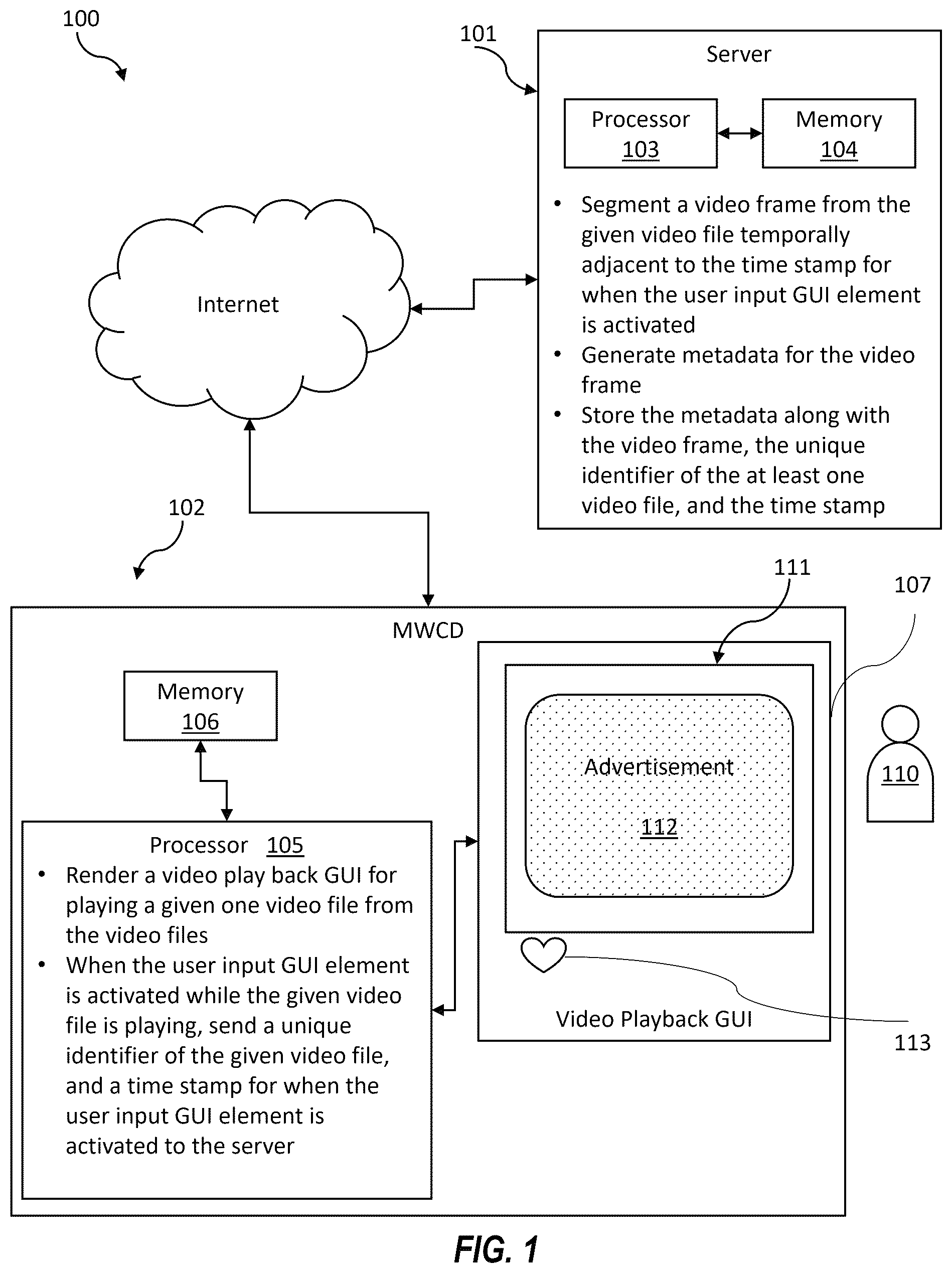 Patent US12556771 — Video system with intra-video user input and related methods — Figure 1