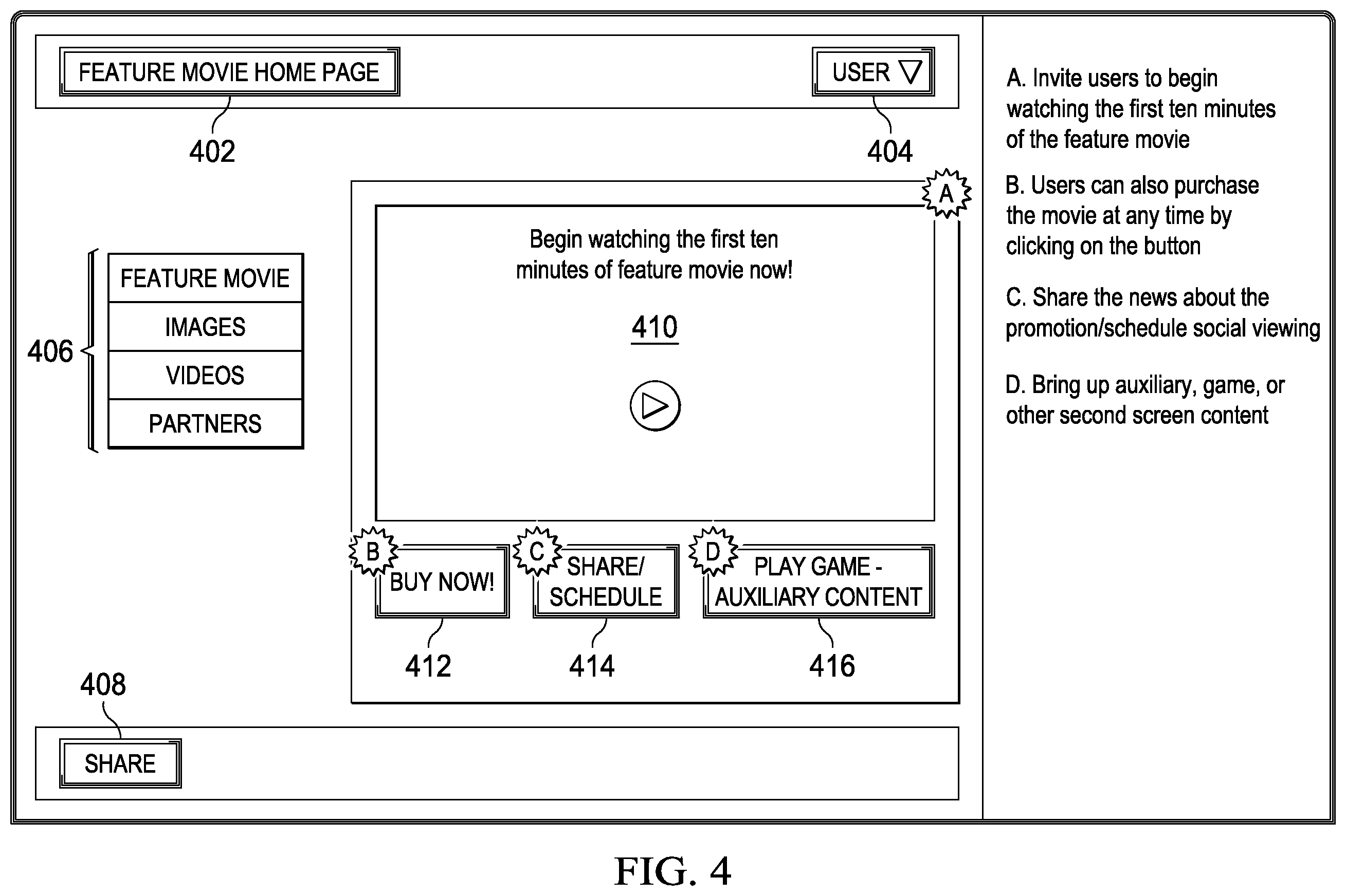 Patent US12556772 Figure 4 – Computing network for synchronized streaming of audiovisual content