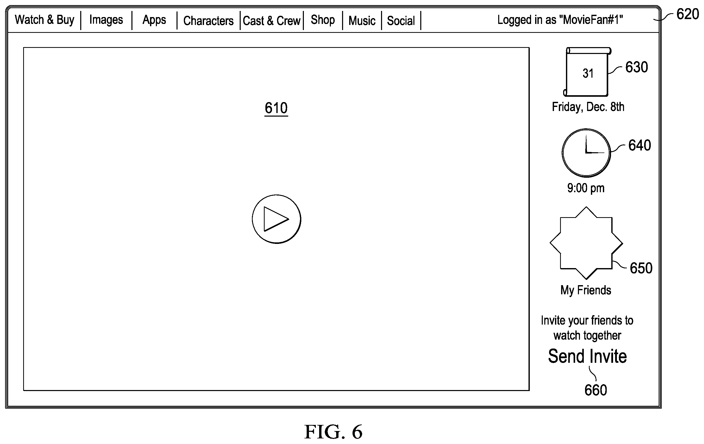 Patent US12556772 Figure 6 – Computing network for synchronized streaming of audiovisual content