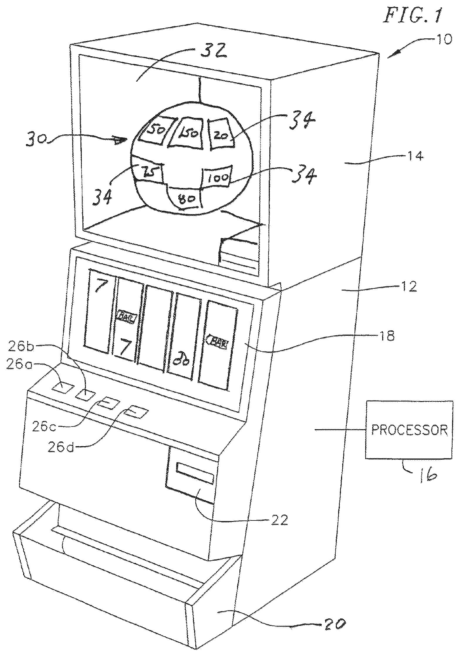 Patent US12562029 — Gaming device and method of conducting a game with a changeable bonus value feature — Figure 1