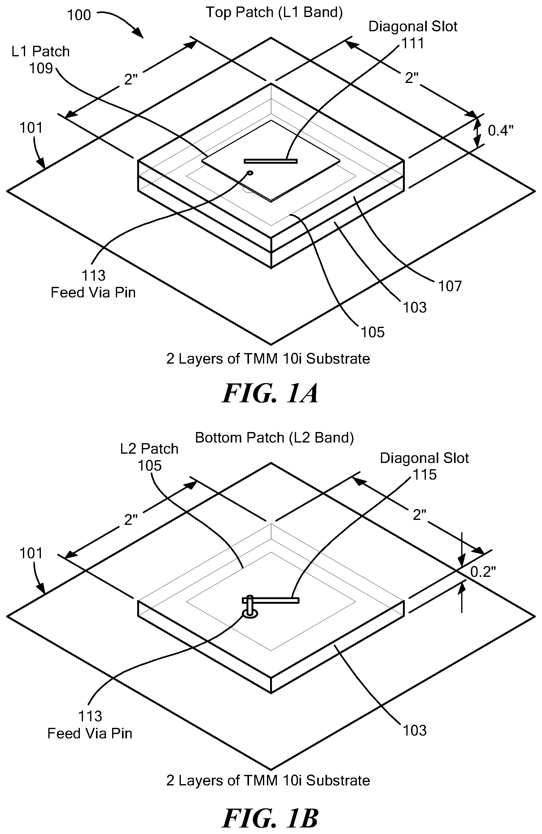 Patent US12562485 — Probe-fed circularly-polarized stacked center-slotted patch antenna — Figure 1