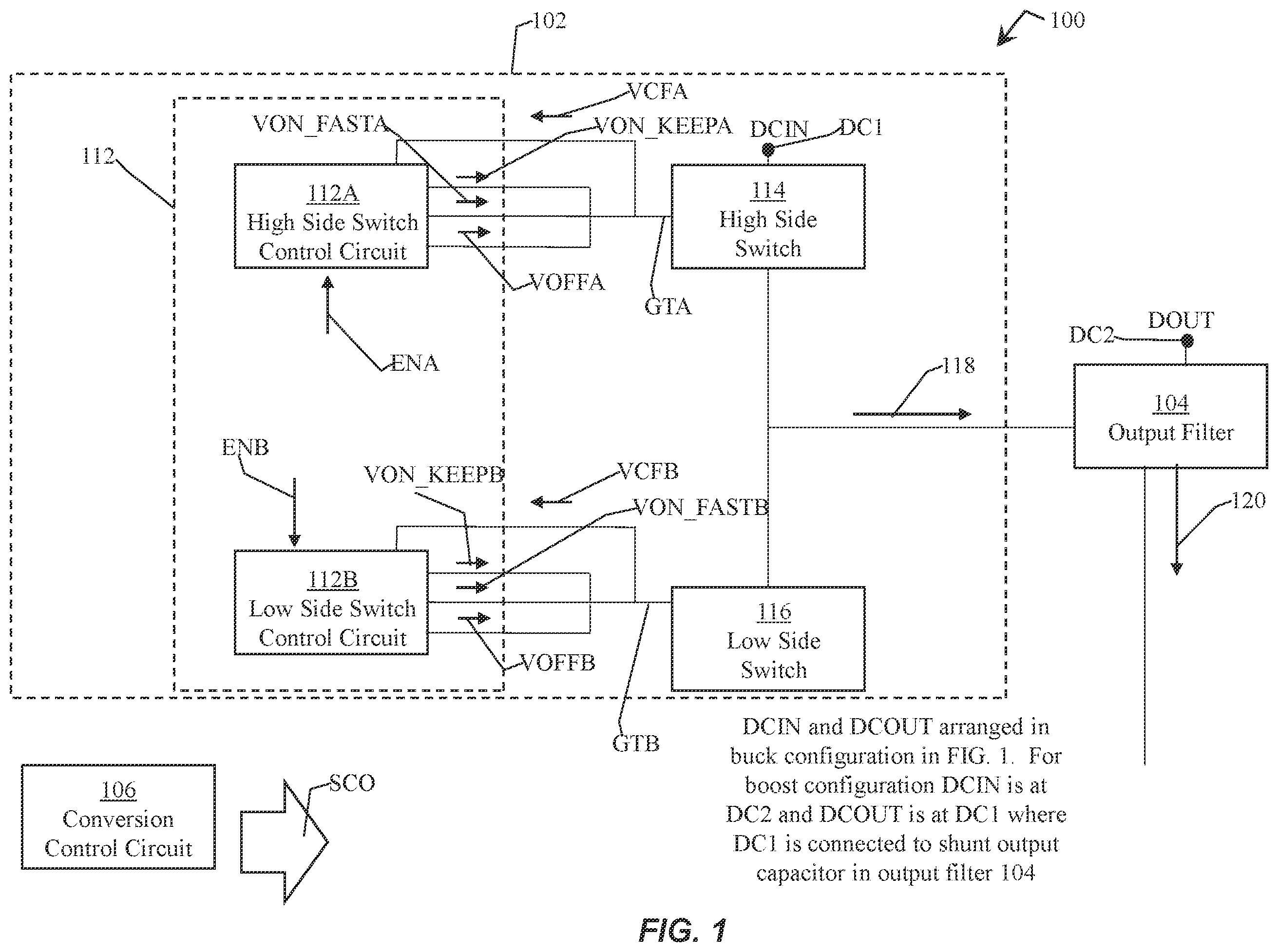 Patent US12562633 Figure 1 – Using different voltage levels to close a switch in a switch converter