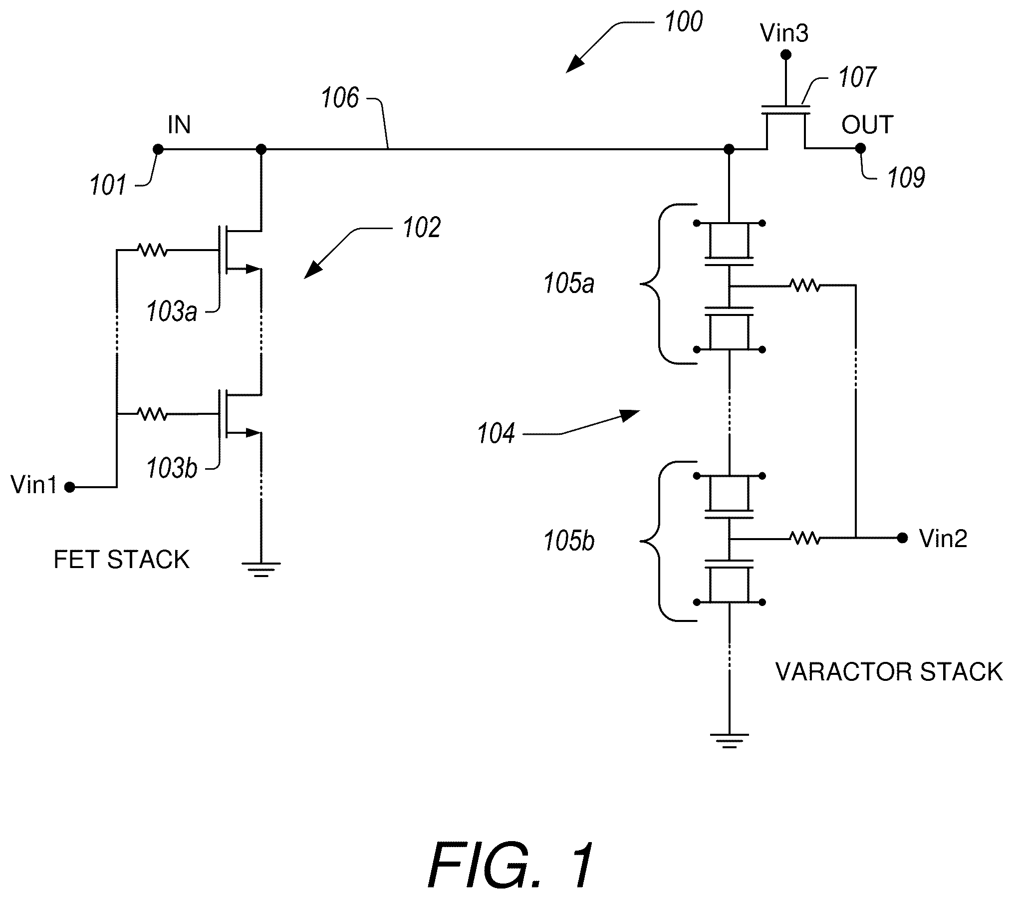 Patent US12562737 — Switch linearization with asymmetrical anti-series varactor pair — Figure 1