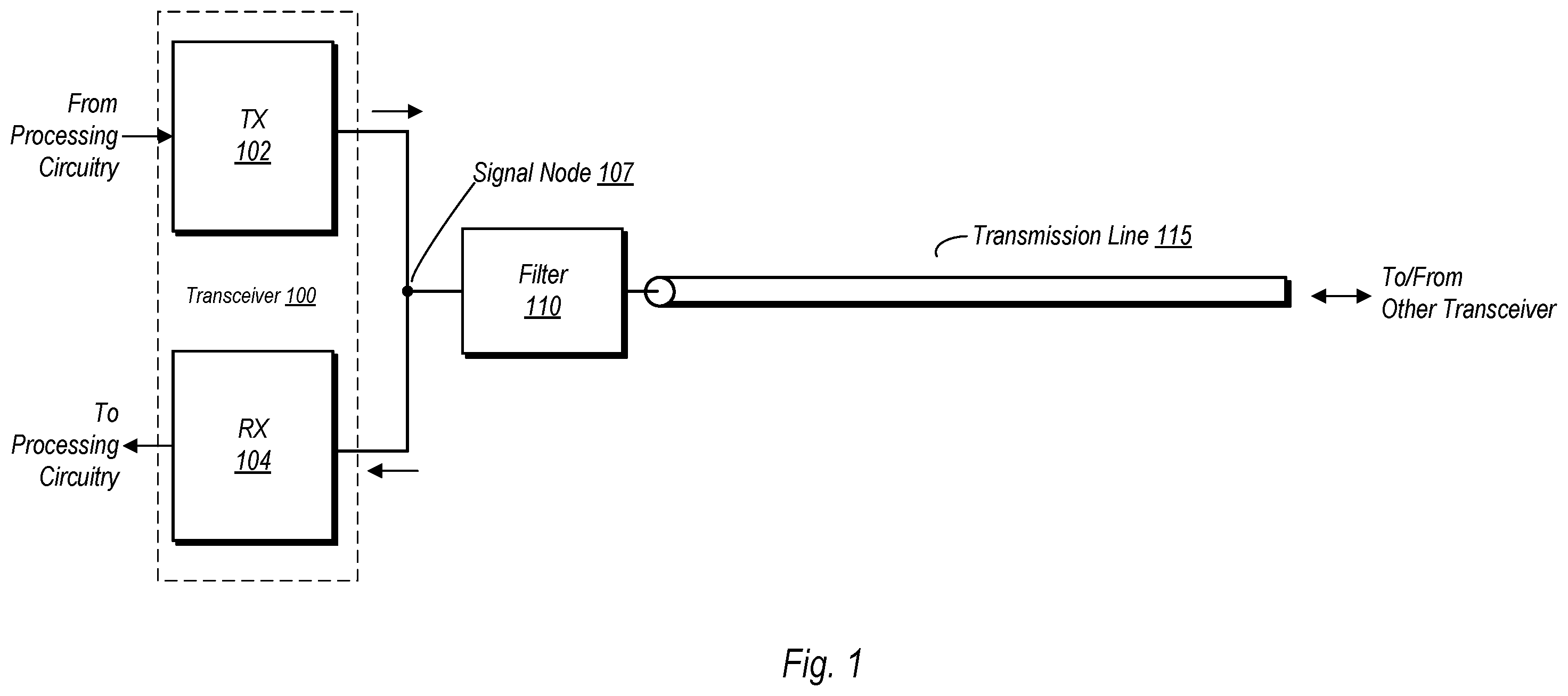 Patent US12562777 — Transceiver with shared filter for both transmit and receive modes — Figure 1