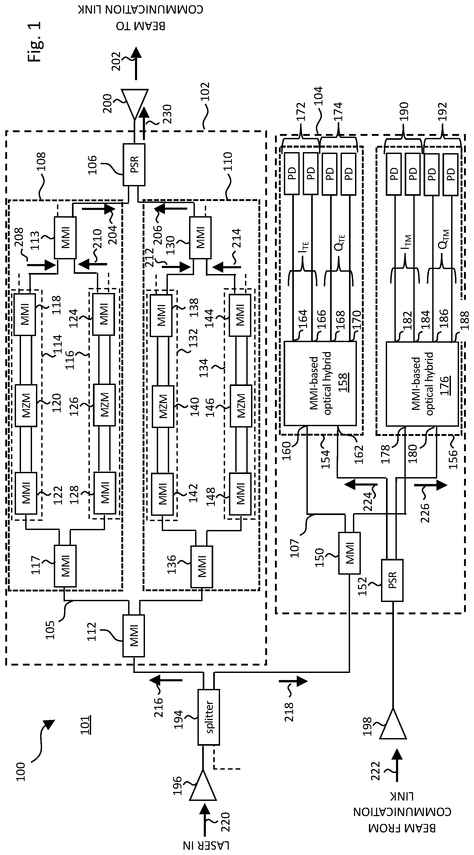 Patent US12562816 — Optical transceiver with multimode interferometers — Figure 1