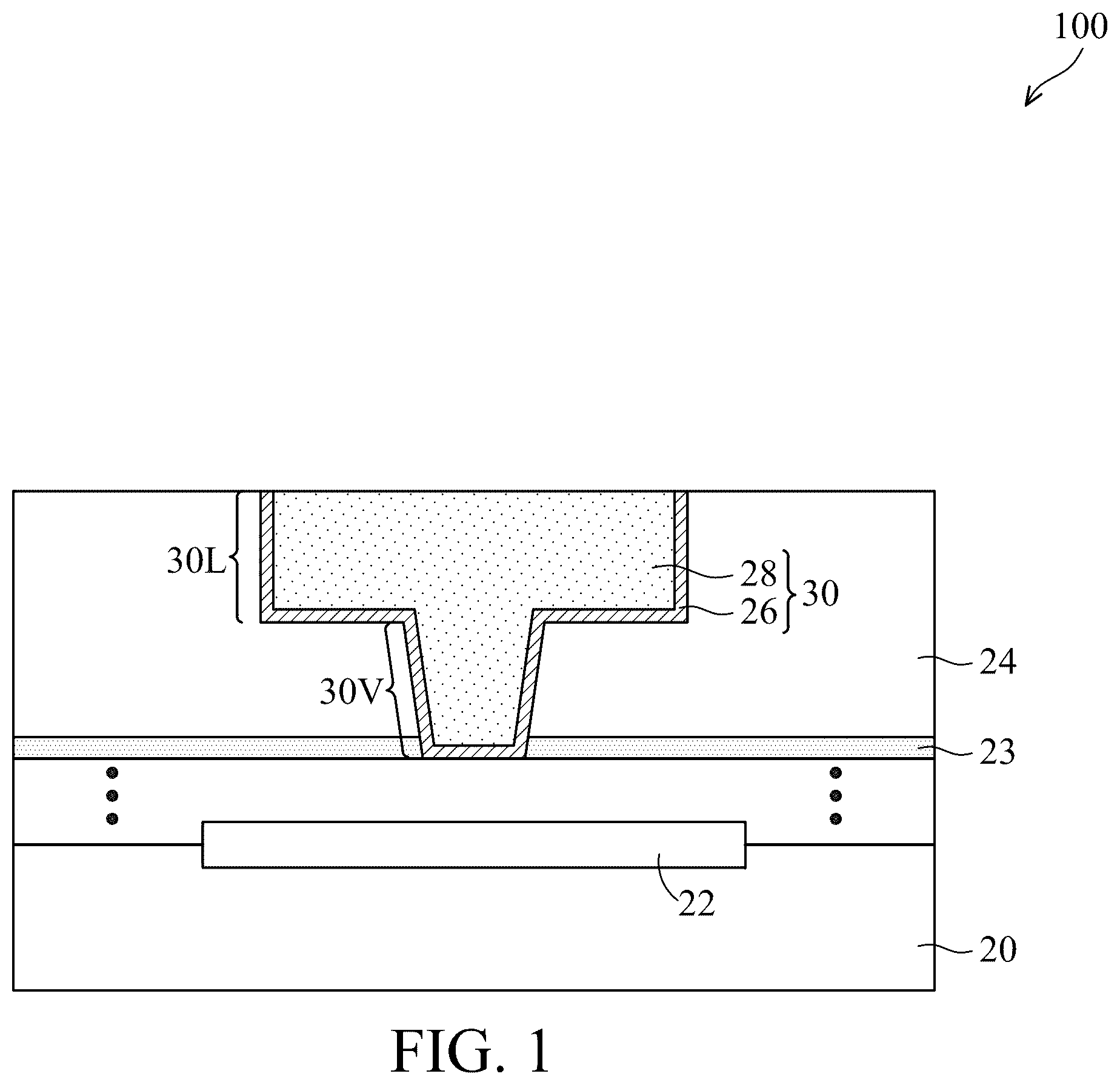 Patent US12564025 Figure 1 – Interconnect with redeposited metal capping and method forming same