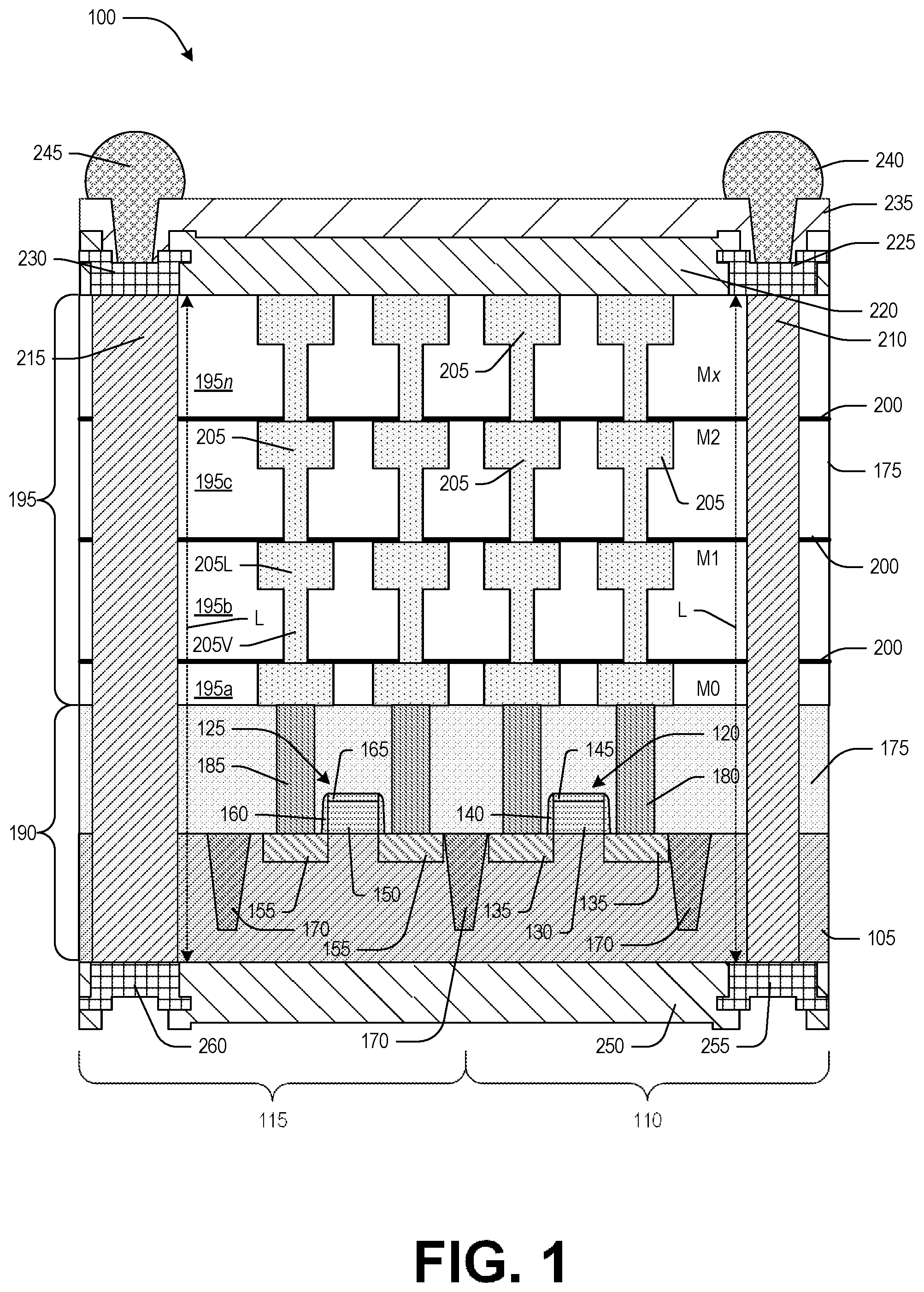 Patent US12564033 — Semiconductor device with through substrate conductive pillars having different cross-sectional areas and method of making — Figure 1