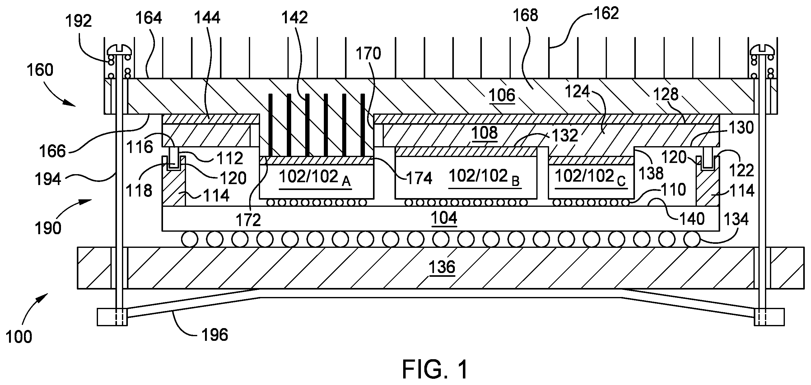 Patent US12564052 — Chip package with pass through heat spreader — Figure 1