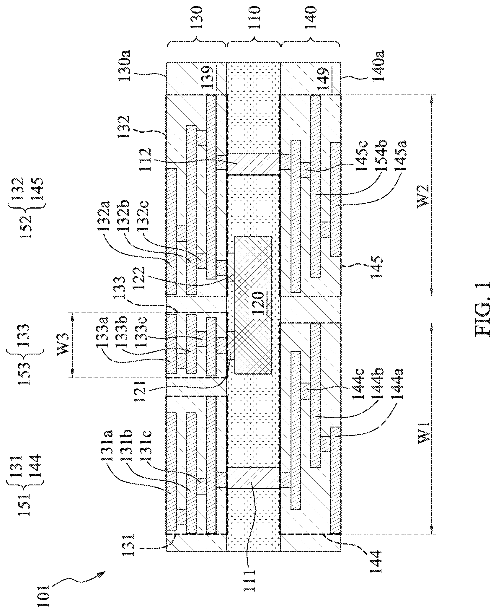 Patent US12564066 Figure 1 – Semiconductor structure having passive component and method of manufacturing thereof