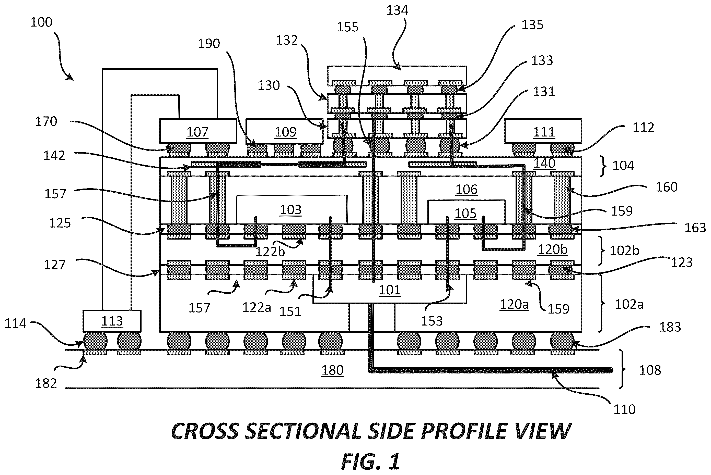 Patent US12564107 Figure 1 – Package comprising optical integrated device