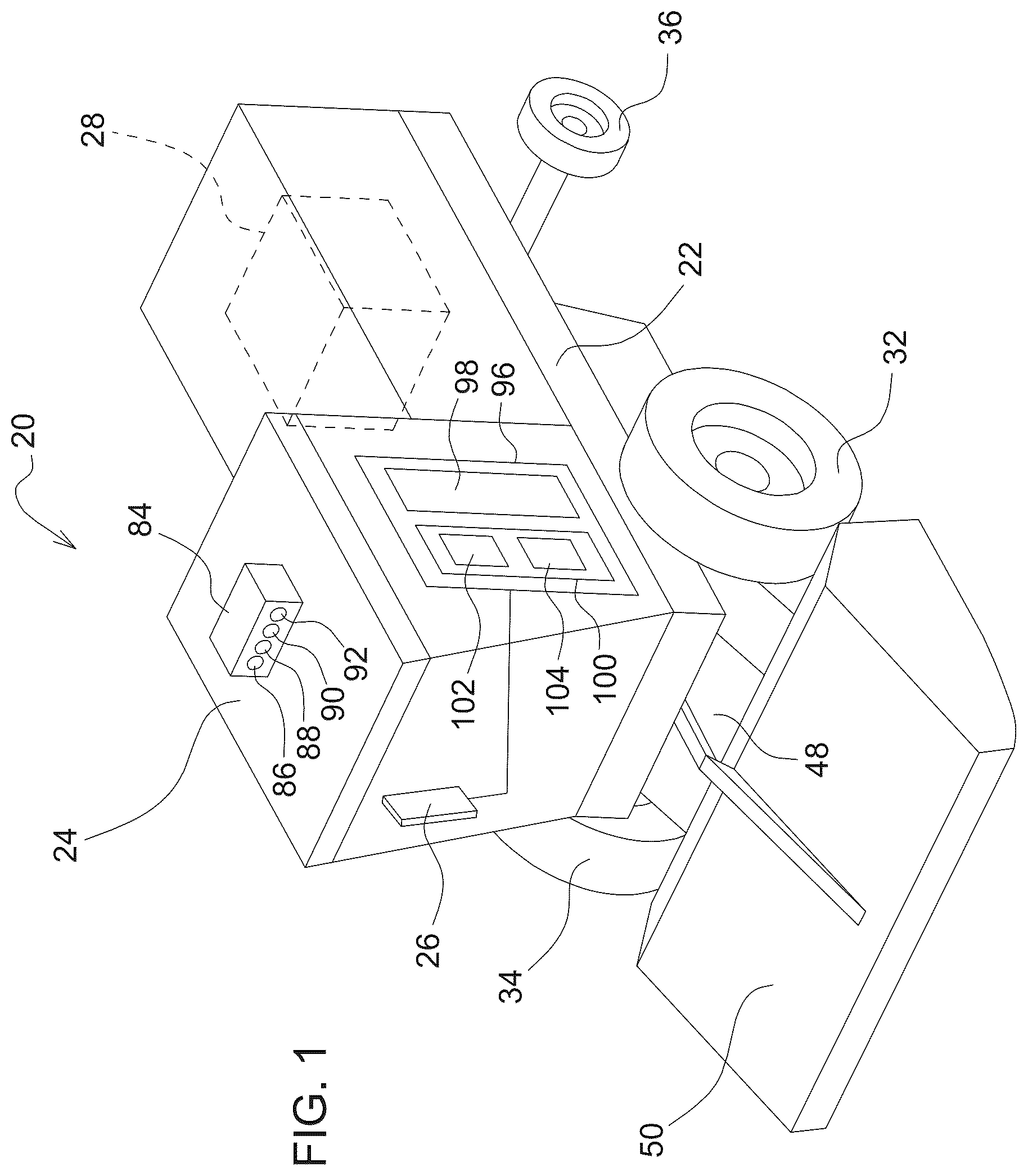 Patent US12564132 Figure 1 – Harvester implement with automated operating mode initialization
