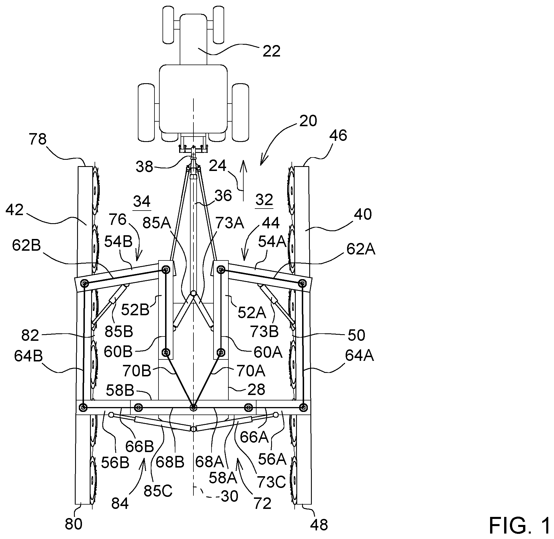 Patent US12564137 Figure 1 – Center delivery rake implement
