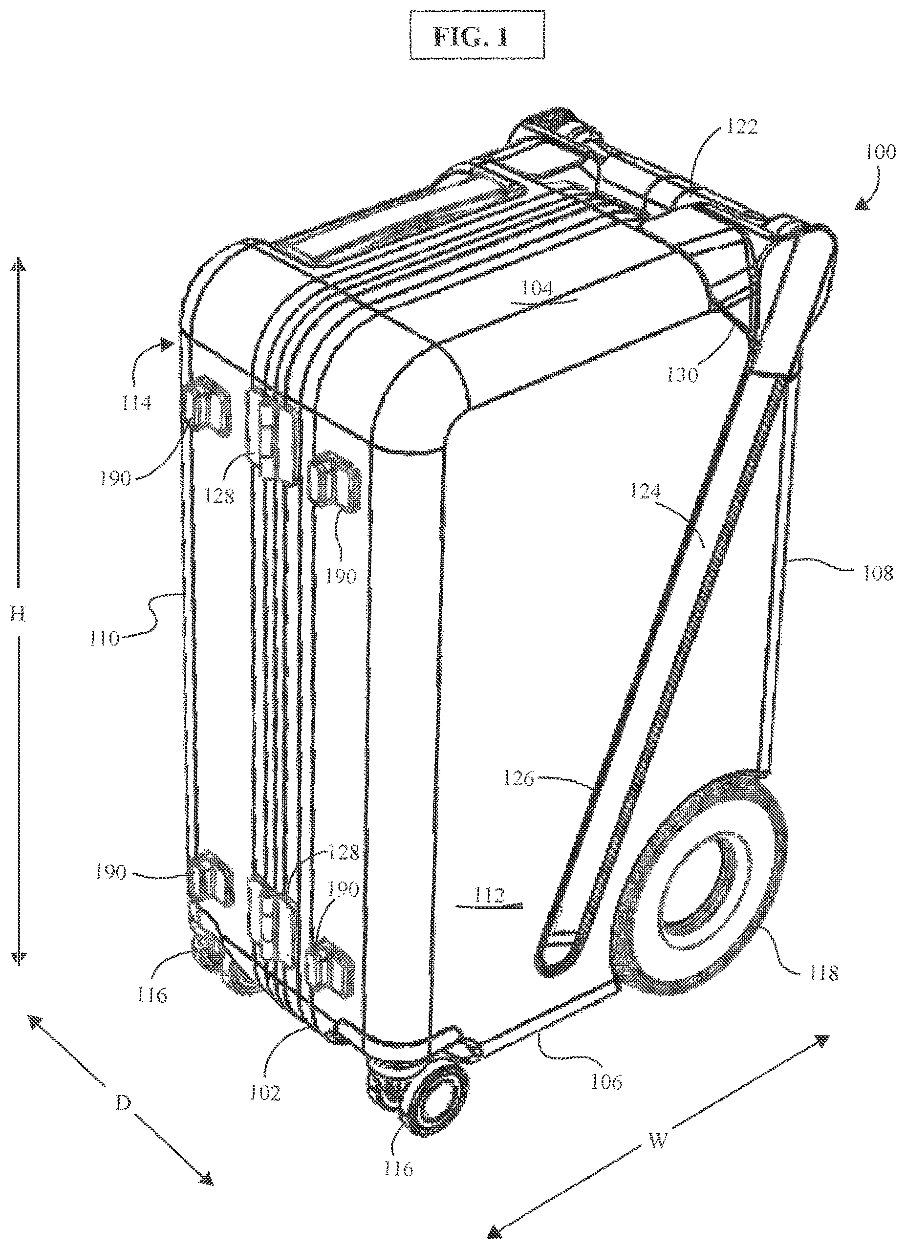 Patent US12564250 Figure 1 – Split handle, narrow rolling bag
