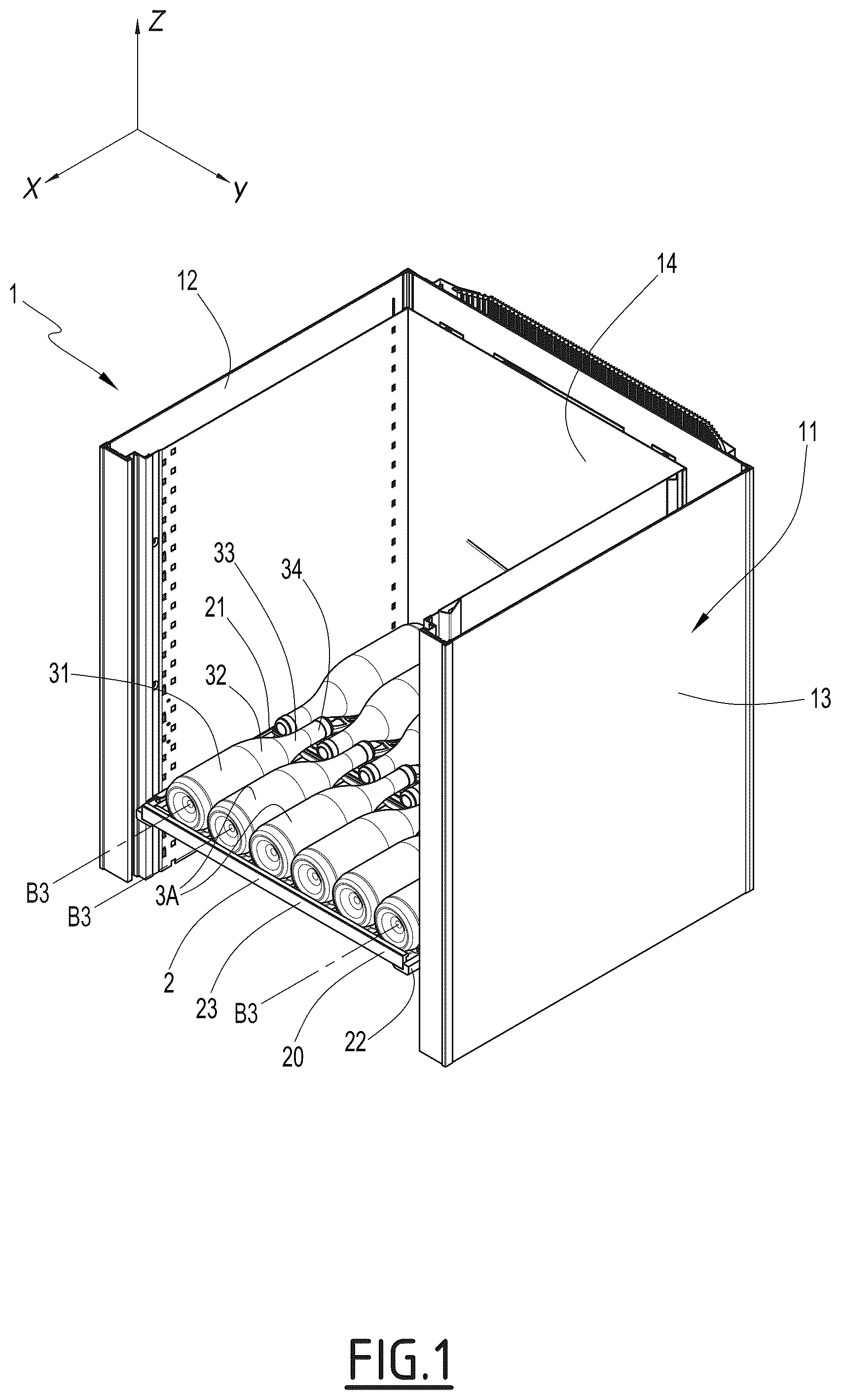 Patent US12564261 — Shelf for a cabinet for receiving bottles — Figure 1