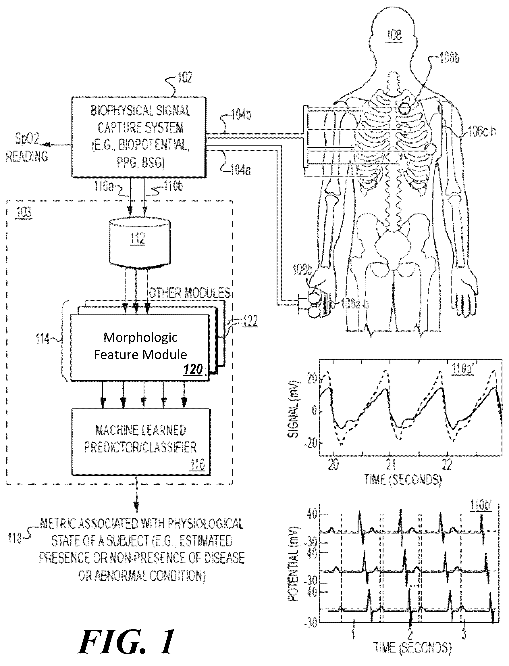 Patent US12564344 — Methods and systems for engineering cardiac waveform features from biophysical signals for use in characterizing physiological systems — Figure 1