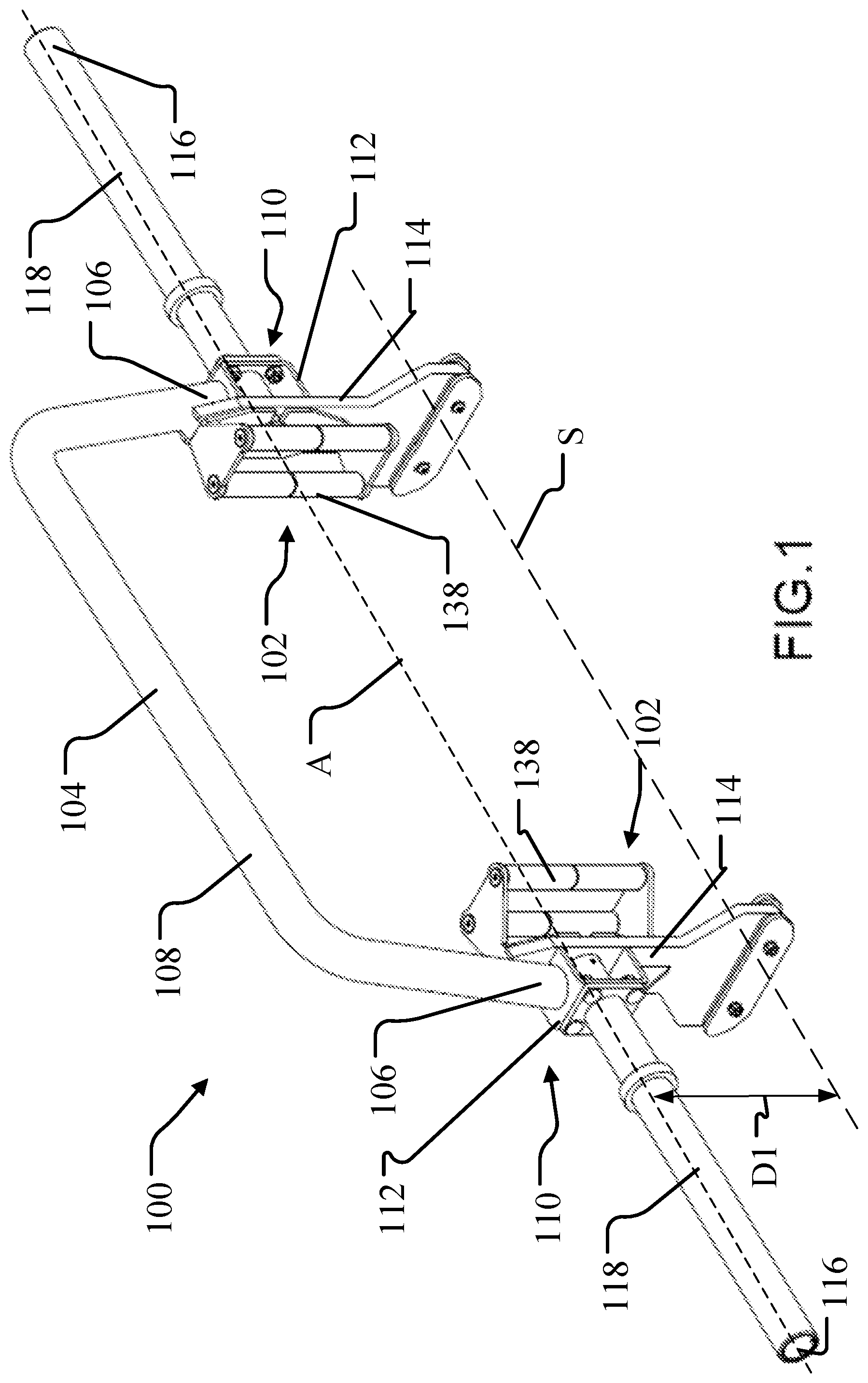 Patent US12564753 Figure 1 – Open trap-camber bar with self-bracing removable handles