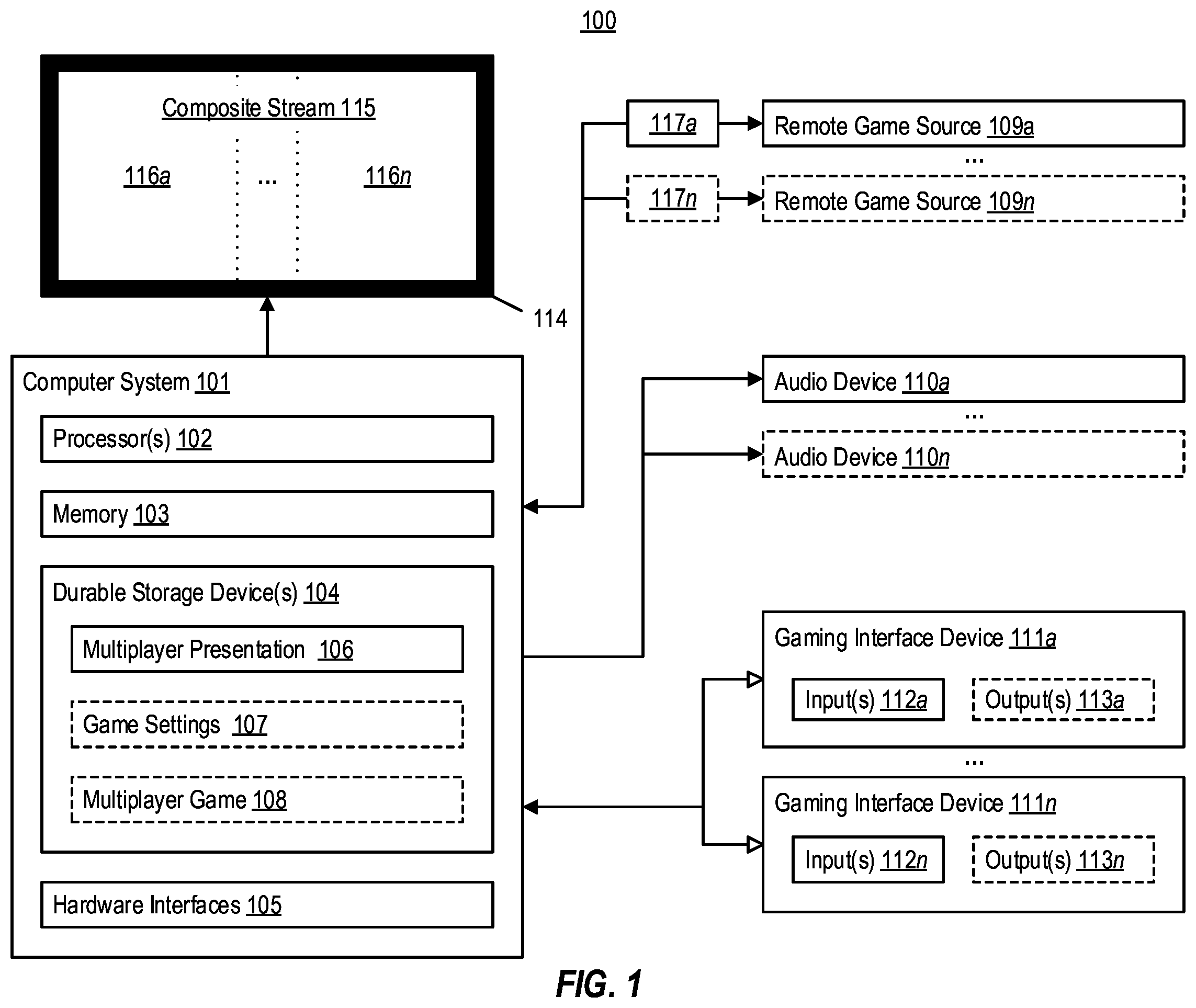 Patent US12564785 — Enabling local split-screen multiplayer experiences using remote multiplayer game support — Figure 1