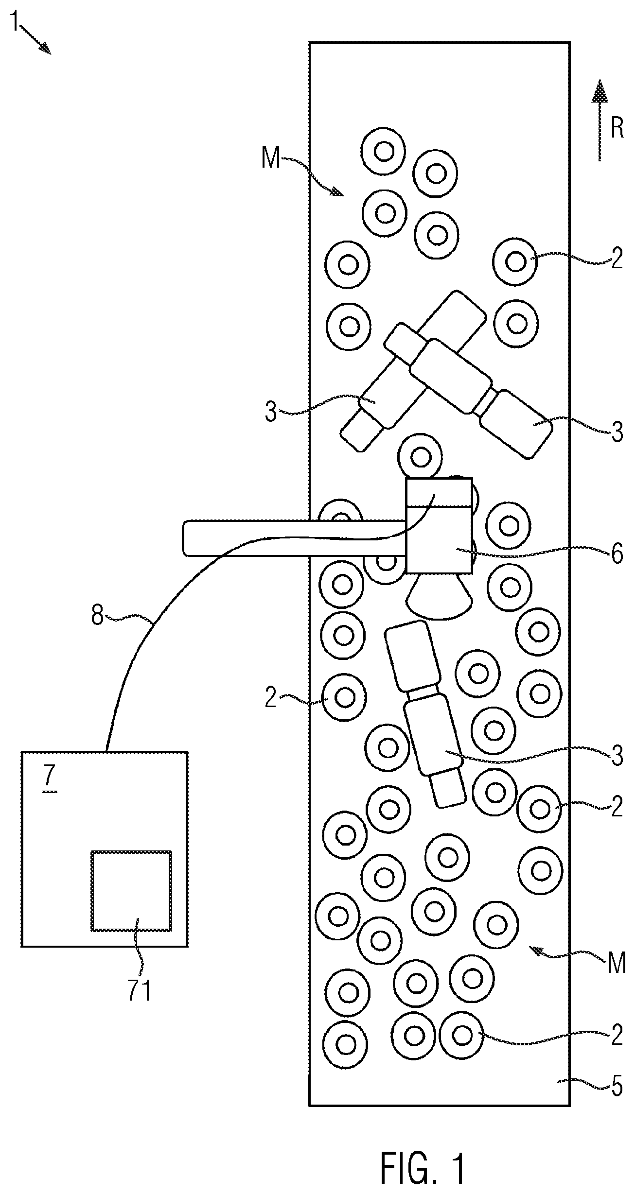 Patent US12564867 Figure 1 – Method and device for detecting containers which have fallen over and/or are damaged in a container mass flow