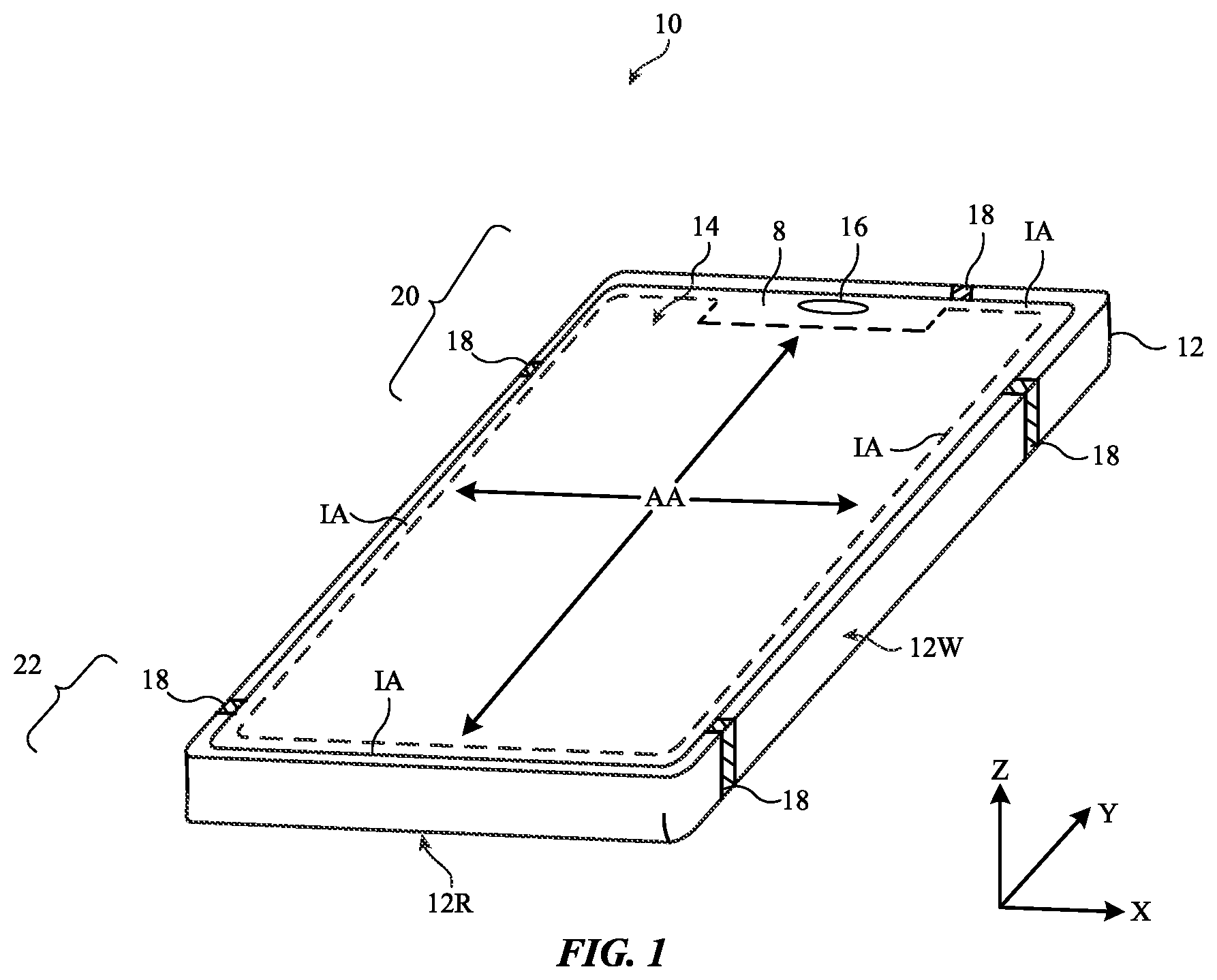 Patent US12567673 Figure 1 – Electronic device having stacked-patch antenna with floating ground via