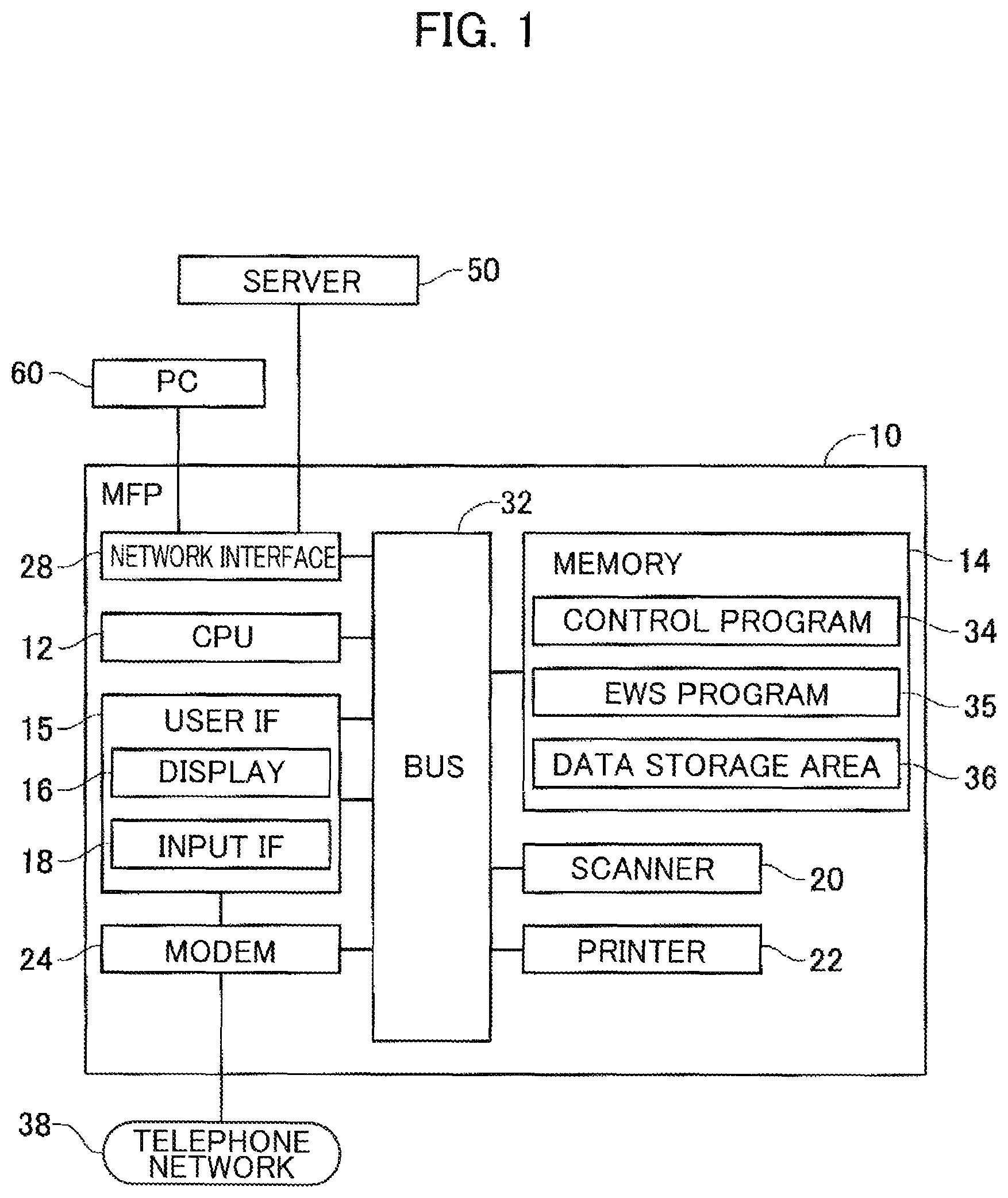 Patent US12568120 — Image forming device restricting transmission of email having scan data to email address when memory stores no domain matching domain of the mail address — Figure 1