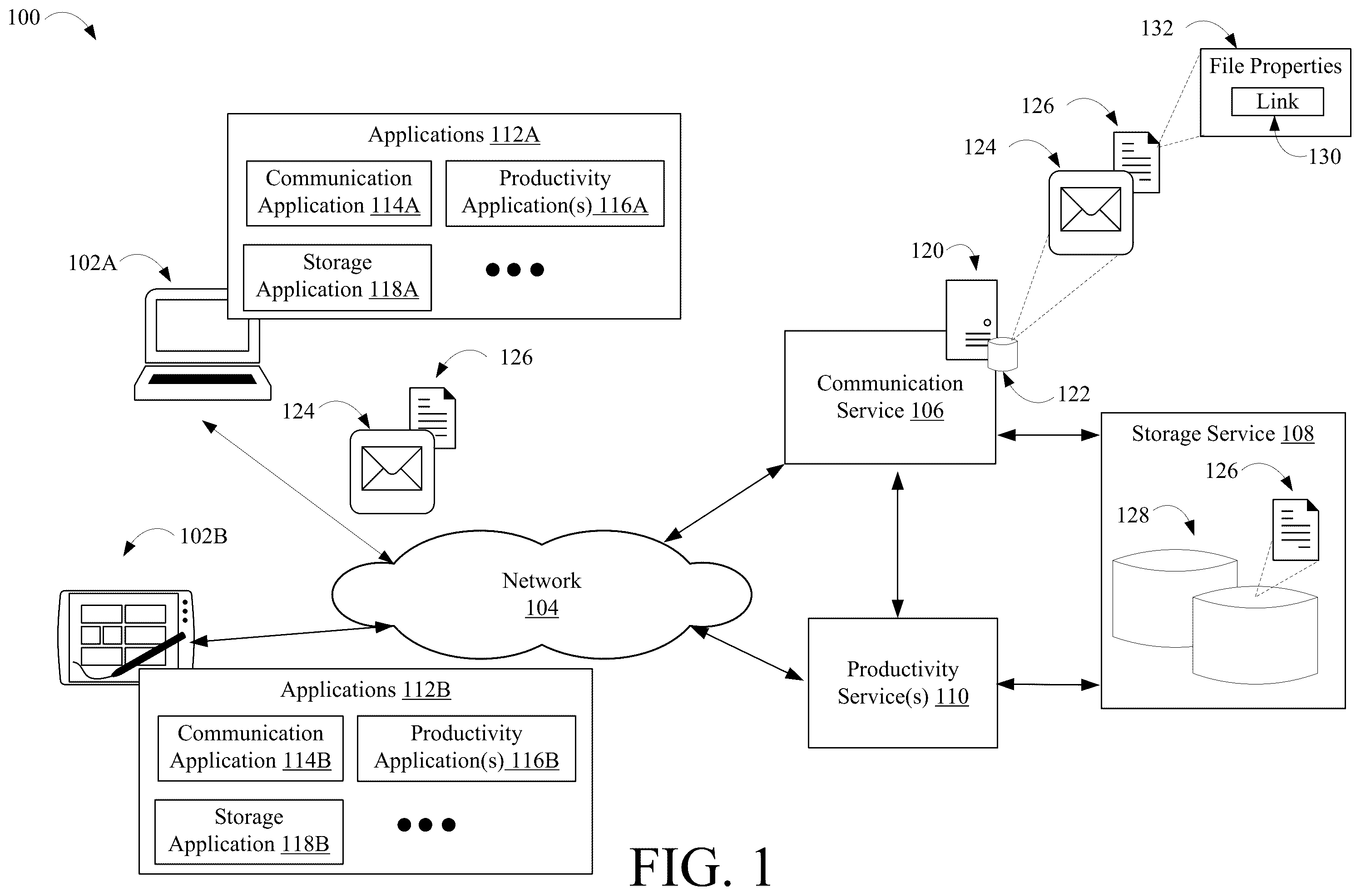 Patent US12568139 — Establishment of persistent connection between file attachments uploaded to cloud storage and associated electronic communications — Figure 1