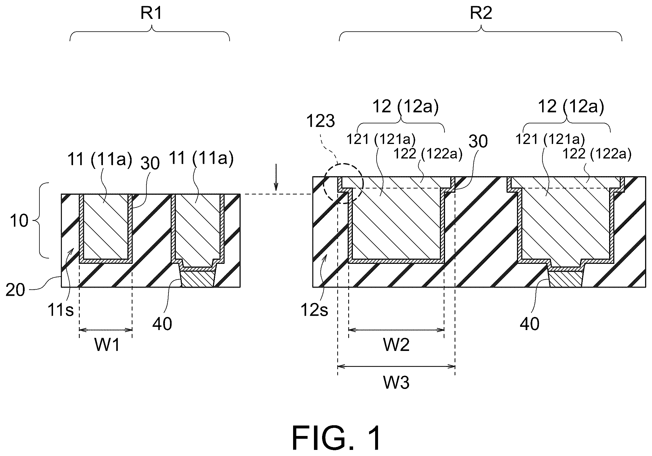 Patent US12568815 — Wirings for semiconductor device arranged at different intervals and having different widths — Figure 1