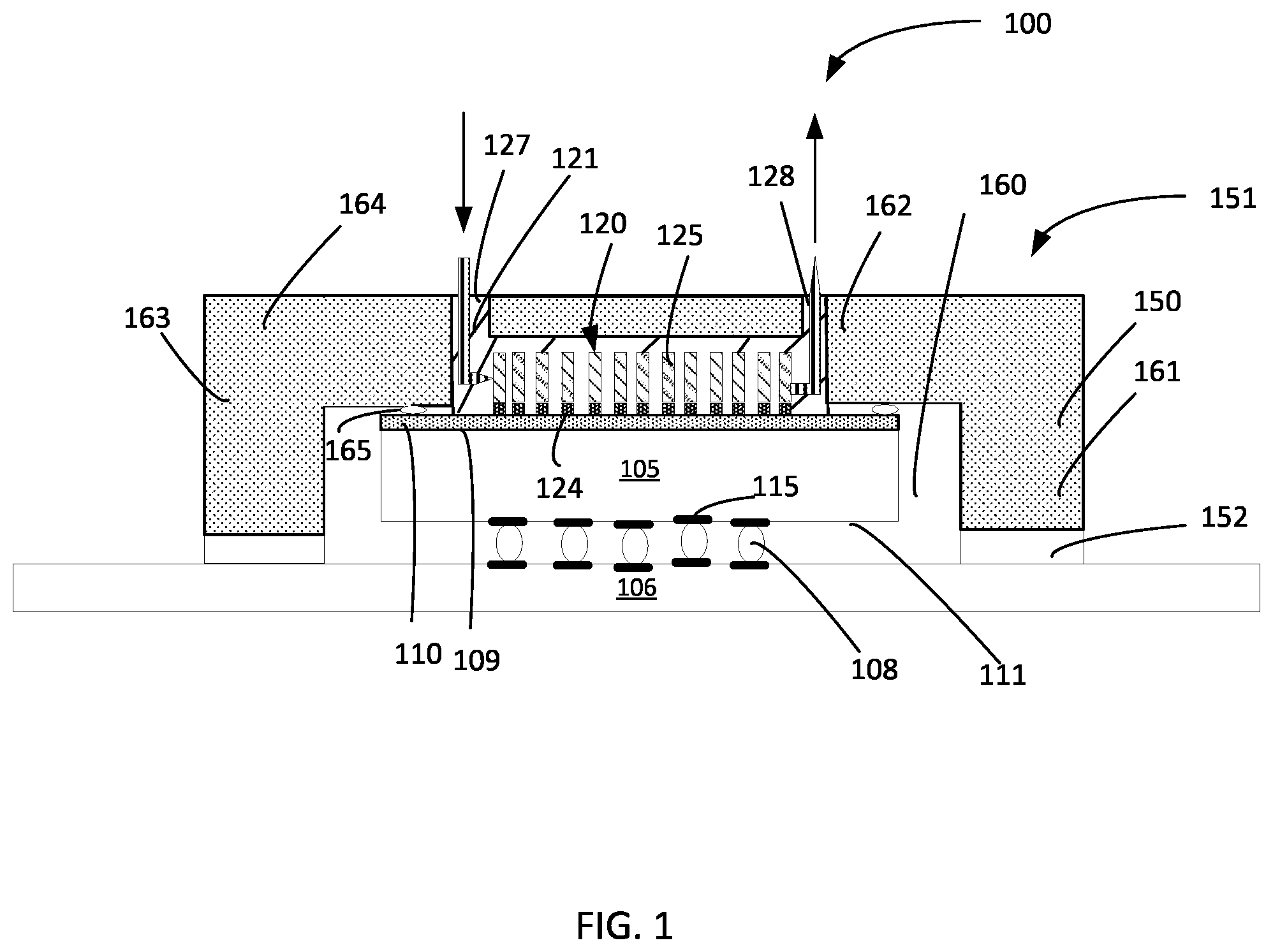 Patent US12568821 Figure 1 – Pin fin placement assembly for forming temperature control element utilized in device die packages