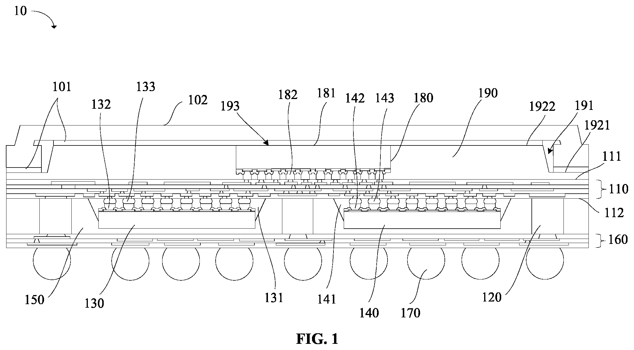 Patent US12568864 — Stacked package structure including a chip disposed on a redistribution layer and a molding layer comprises a recess — Figure 1