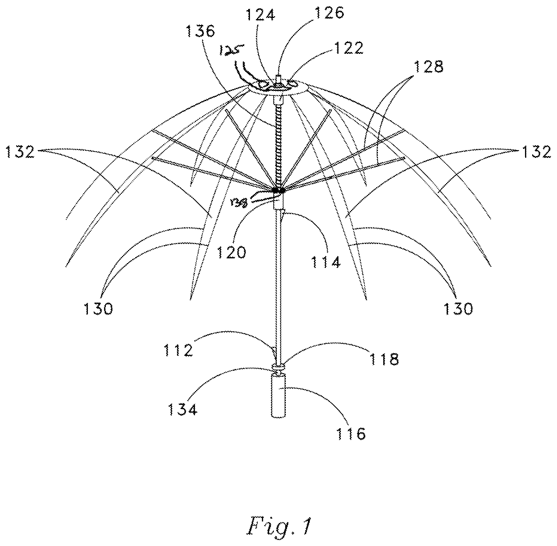 Patent US12569041 Figure 1 – Wind-resistance reducing canopy structure for umbrella