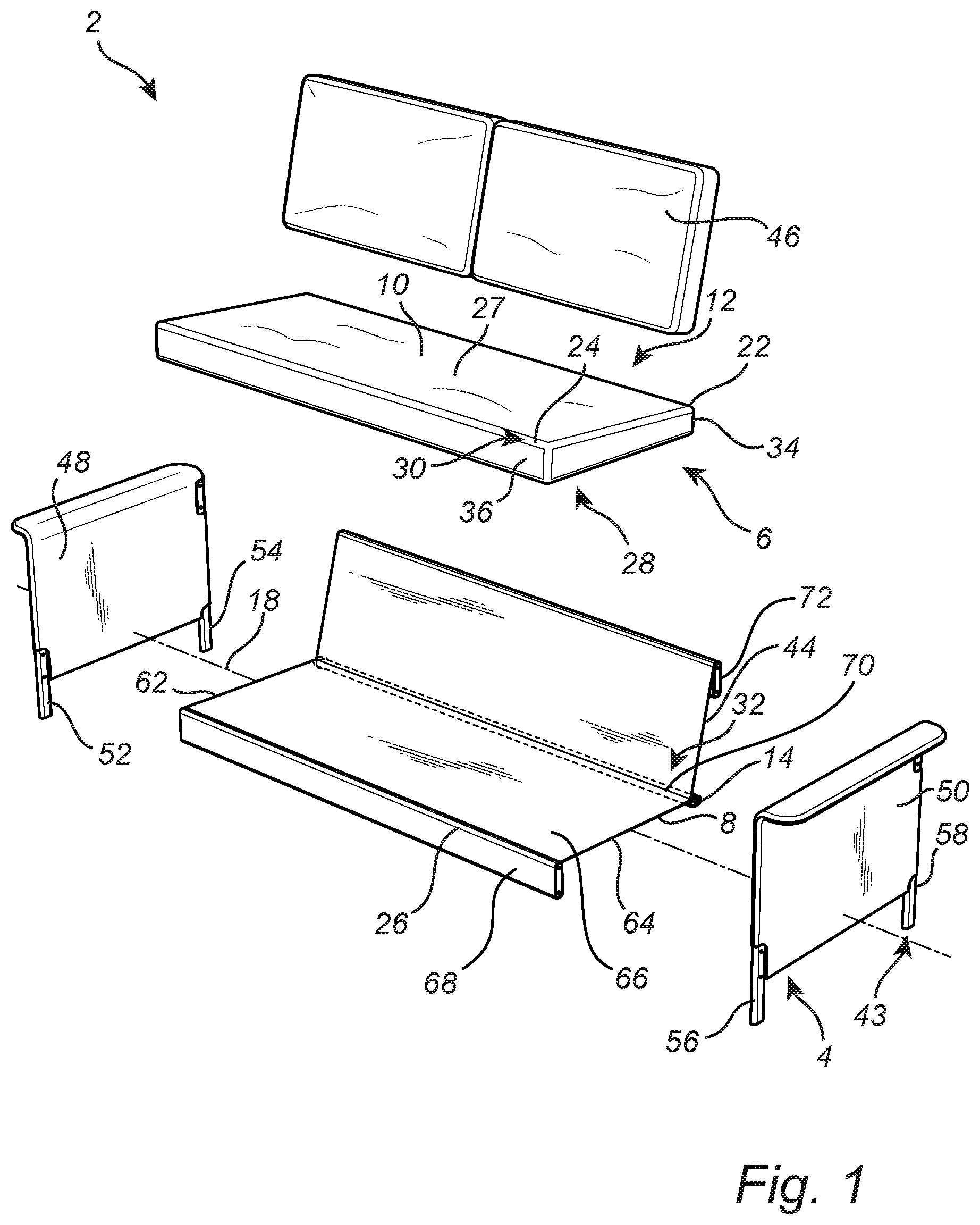 Patent US12569069 Figure 1 – Furniture, convertible from a sofa to a bed