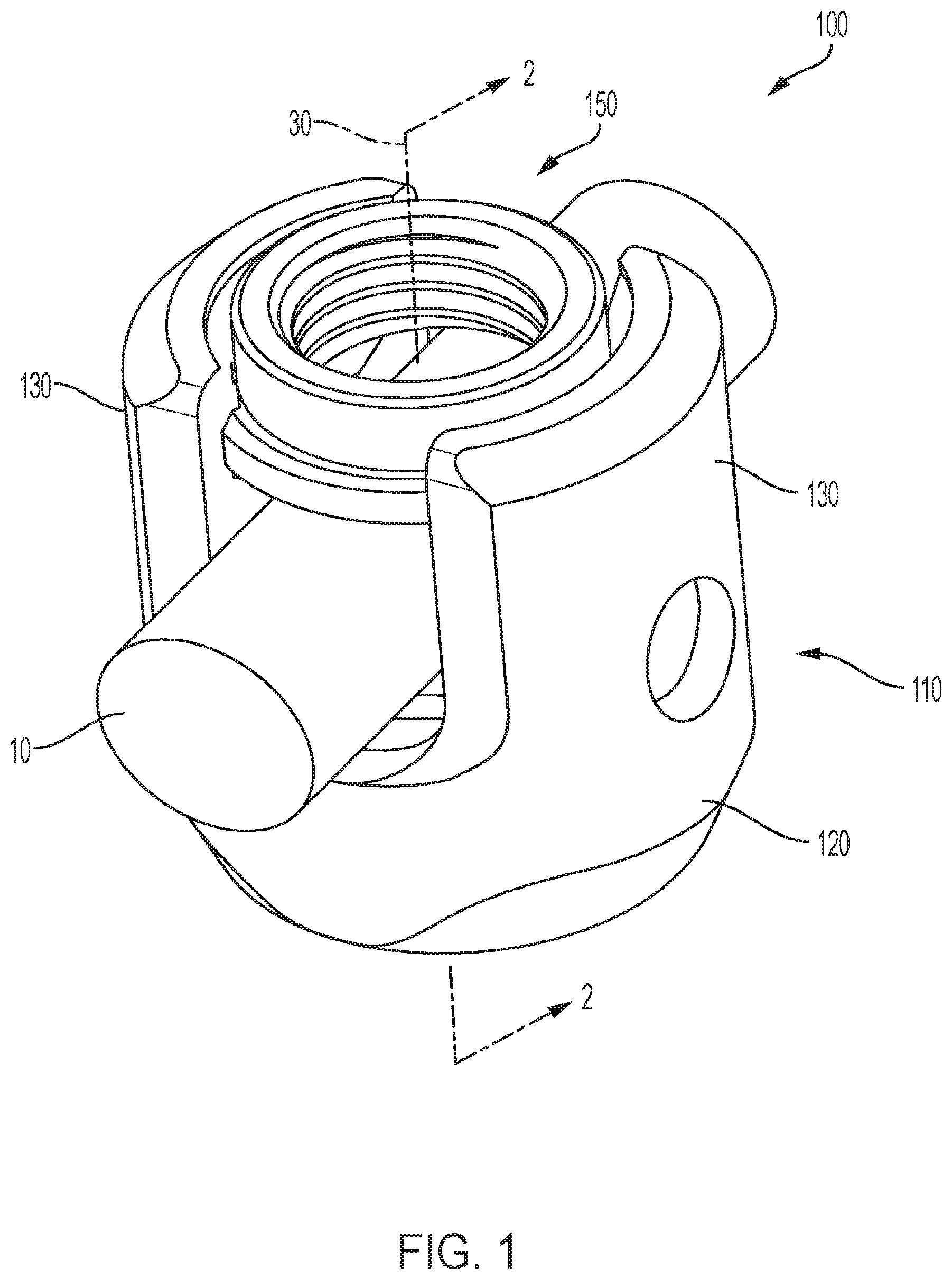 Patent US12569279 — Pop-on-cap assemblies having opposing splay-resisting features and generally reactangular opposing rotation-preventing/rotation-resisting features for spinal surgery — Figure 1